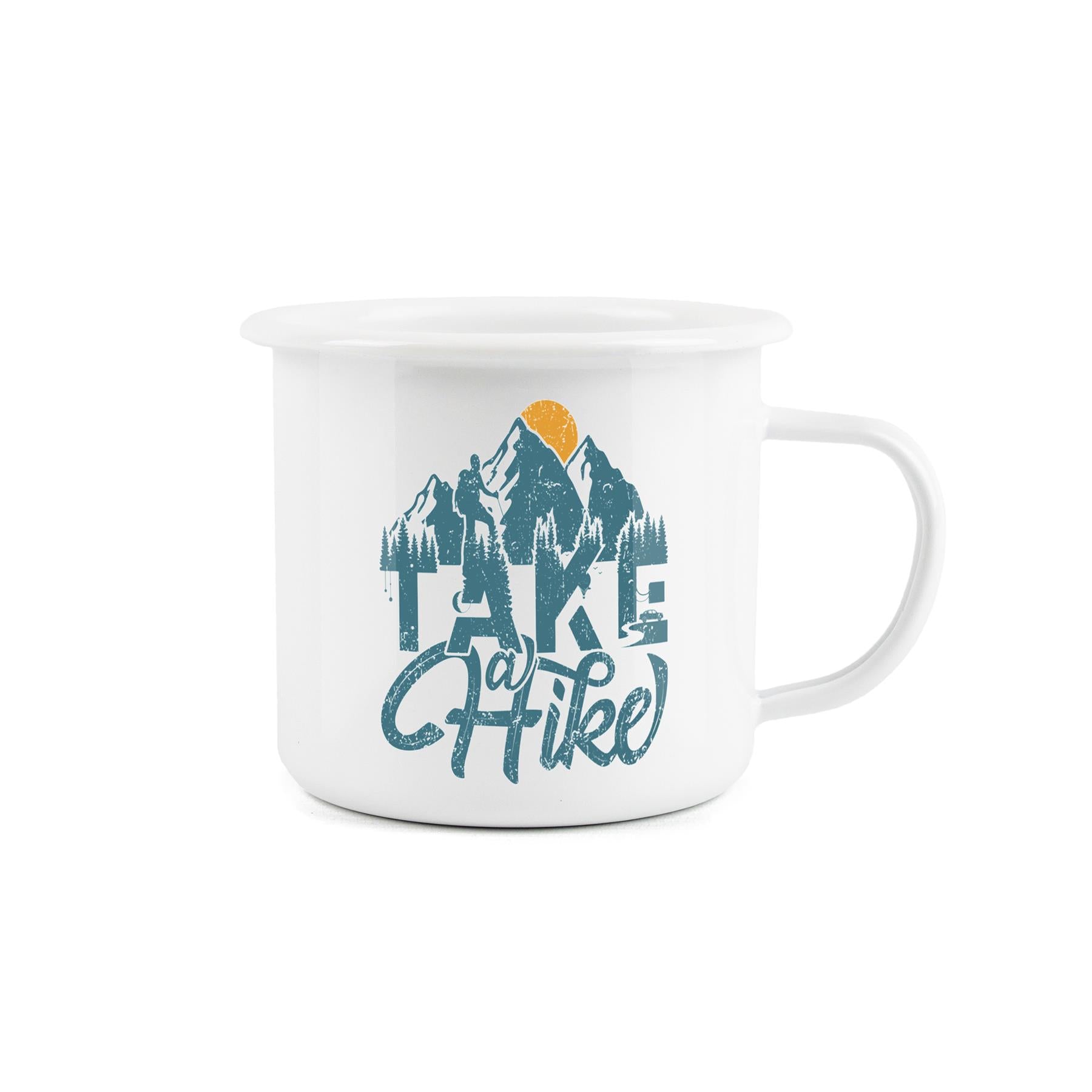 "Take a Hike" mountains enamel mug, the ultimate companion for hiking, camping, and traveling adventures with humorous text.