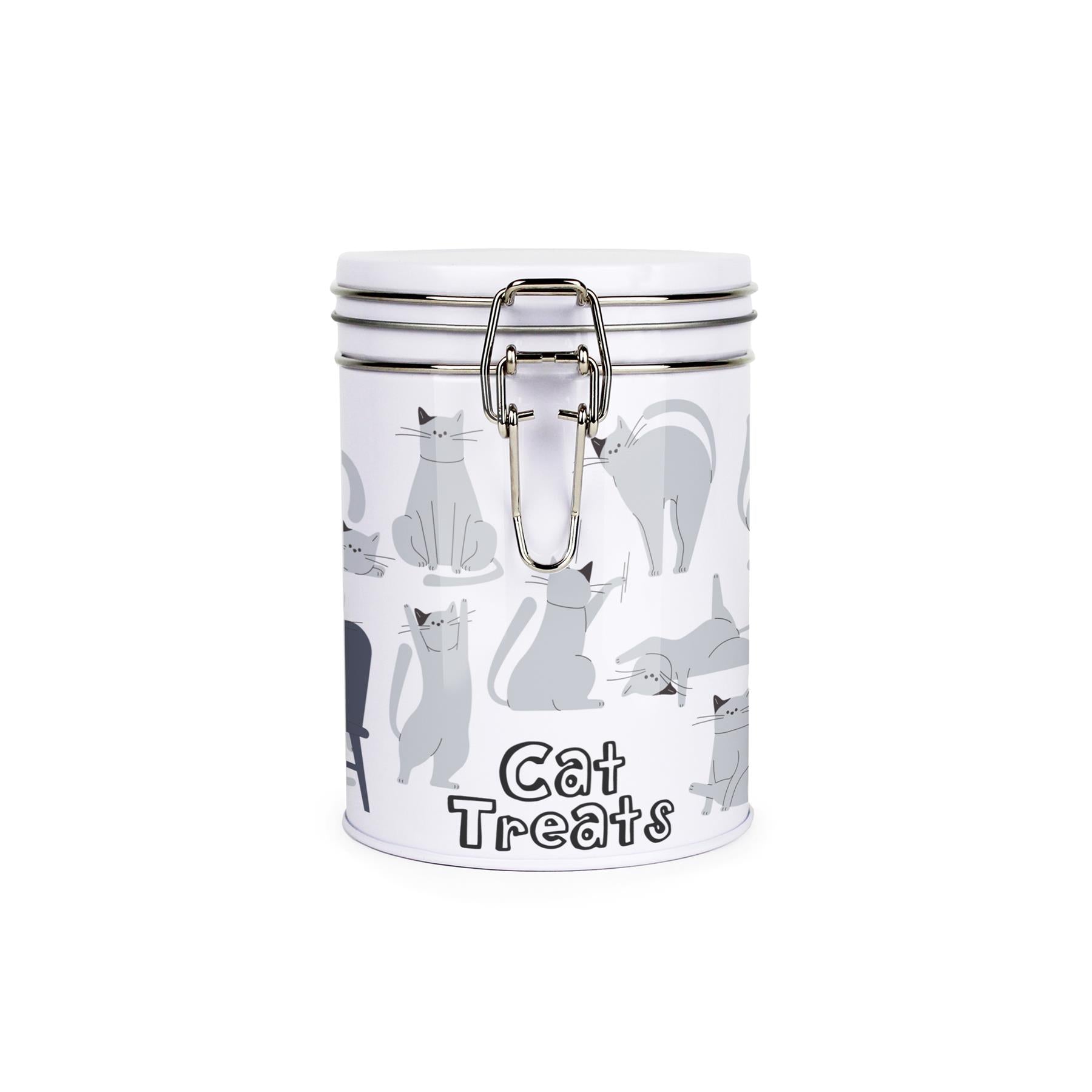 White canister with metal clip and lid featuring a fun cartoon cat design in various poses