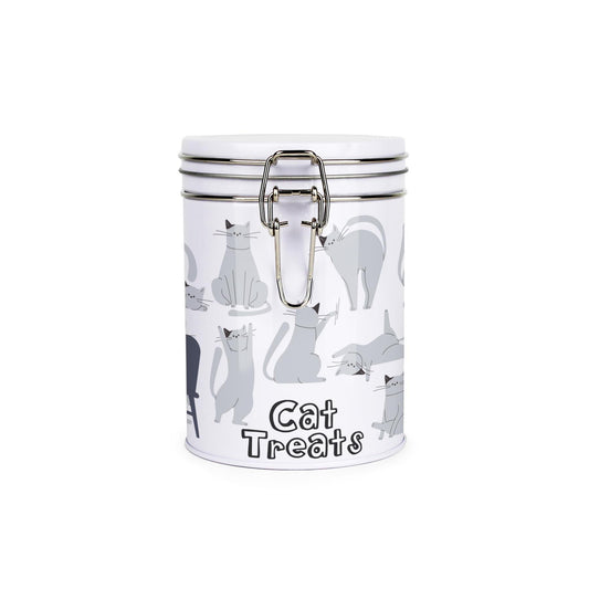 White canister with metal clip and lid featuring a fun cartoon cat design in various poses