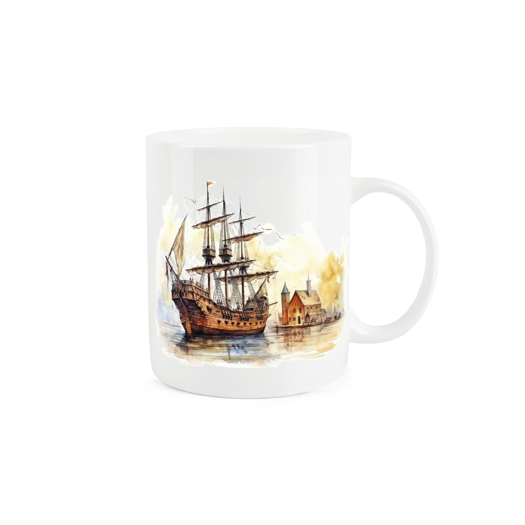Detailed ship-themed mug with an old ship sailing out of a harbour town.