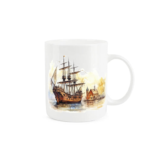 Detailed ship-themed mug with an old ship sailing out of a harbour town.