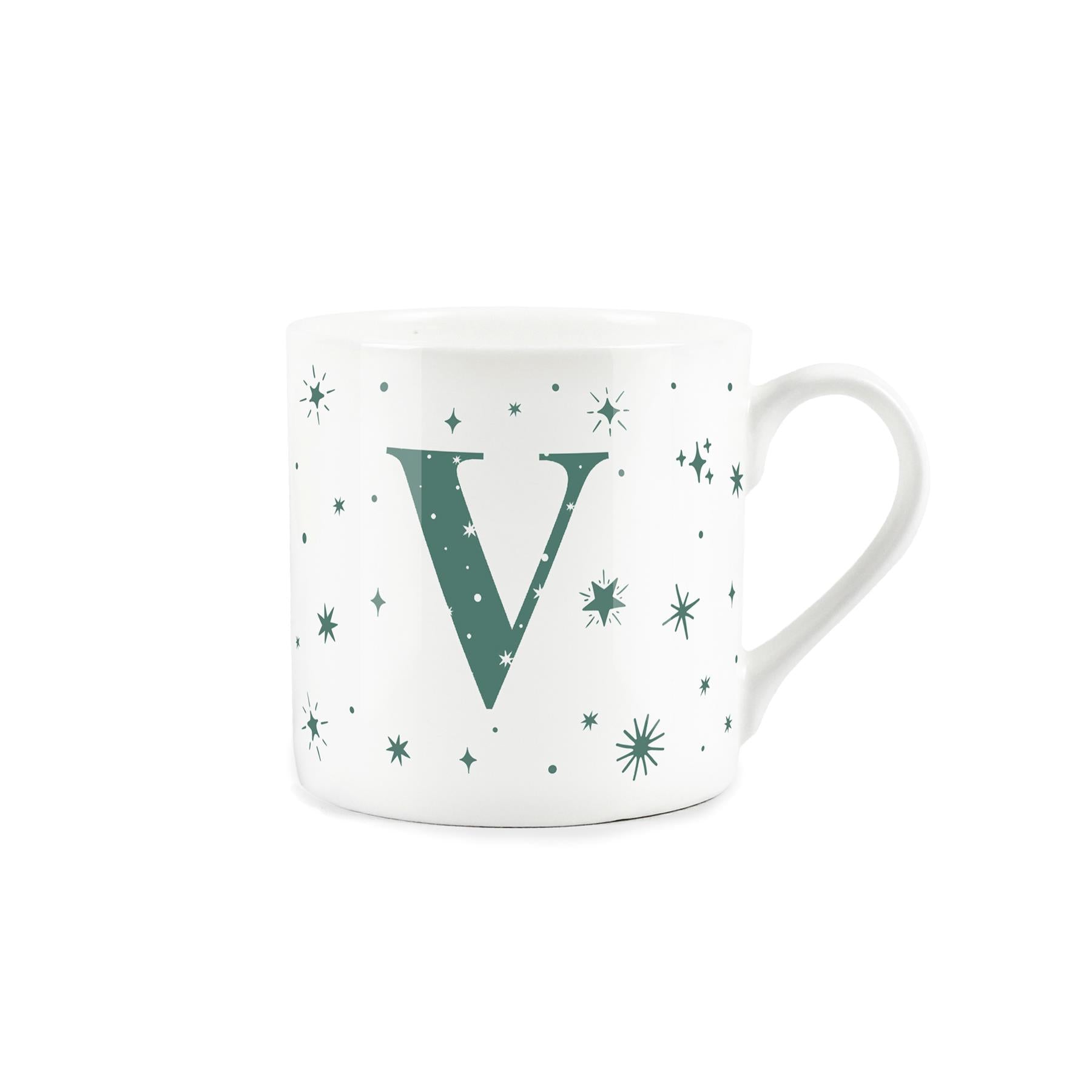 White bone china mug with green stars and letter 'V' alphabet design