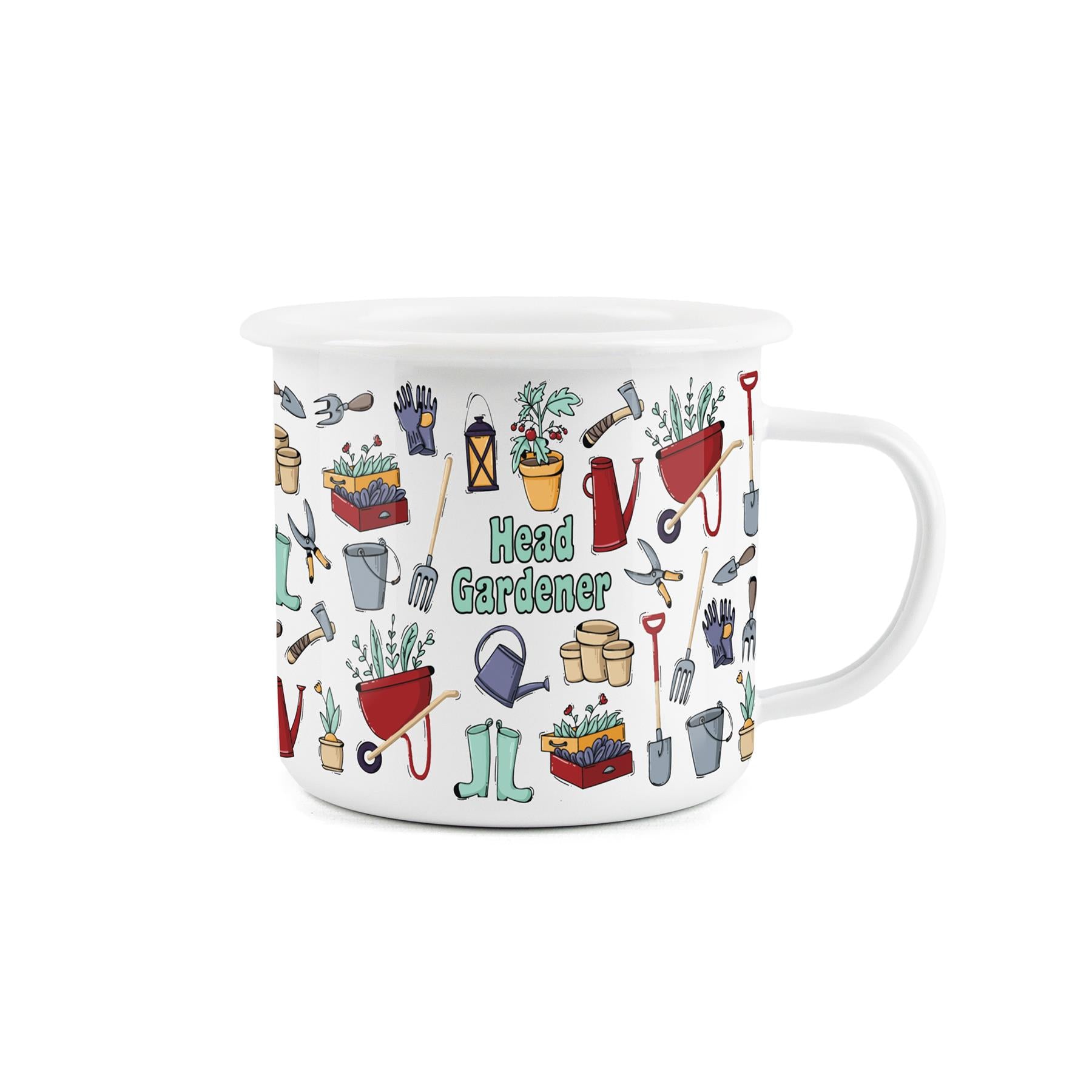 Gardening-themed mug for outdoor activities with a cool design, showcasing "Head Gardener" style.