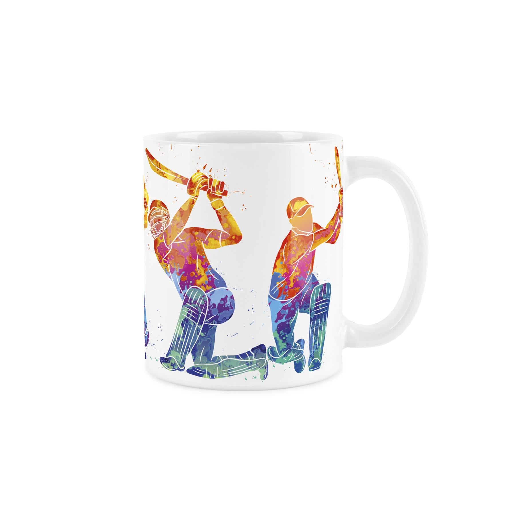 White ceramic mug featuring vibrant, paint-splattered depiction of people playing American football