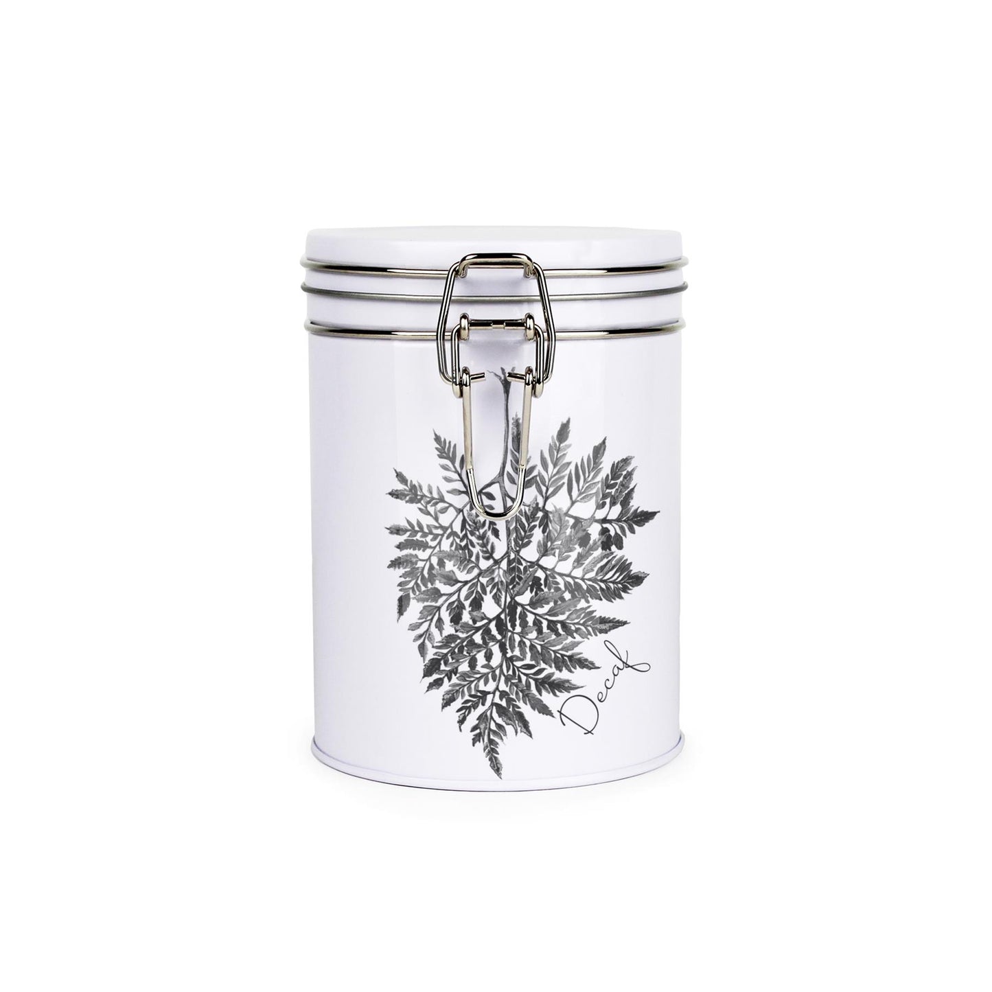 Tin metal storage canister with metal clip and lid featuring a black and white leaf design by Rhiannon Chauncey and decaf text