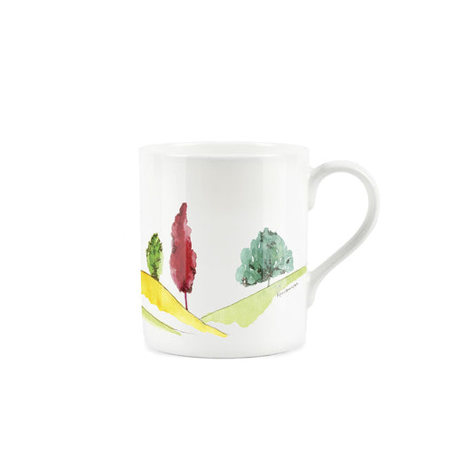 Minimalist watercolour rendering of three conifer trees on sloping hills on white bone china mug.