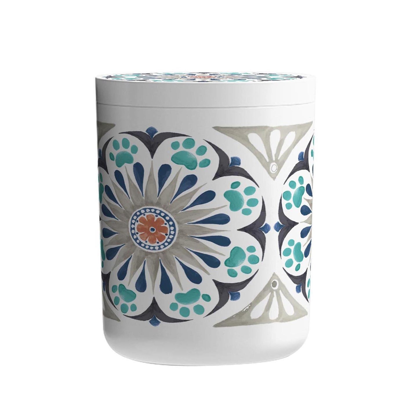 Grey and teal flower design treat jar for storing pet food.