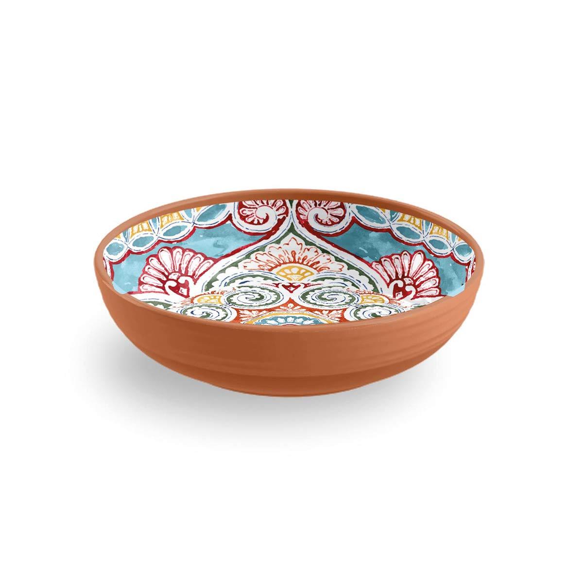 Melamine Bowl with colourful moroccan inspired pattern and teracotta exterior.