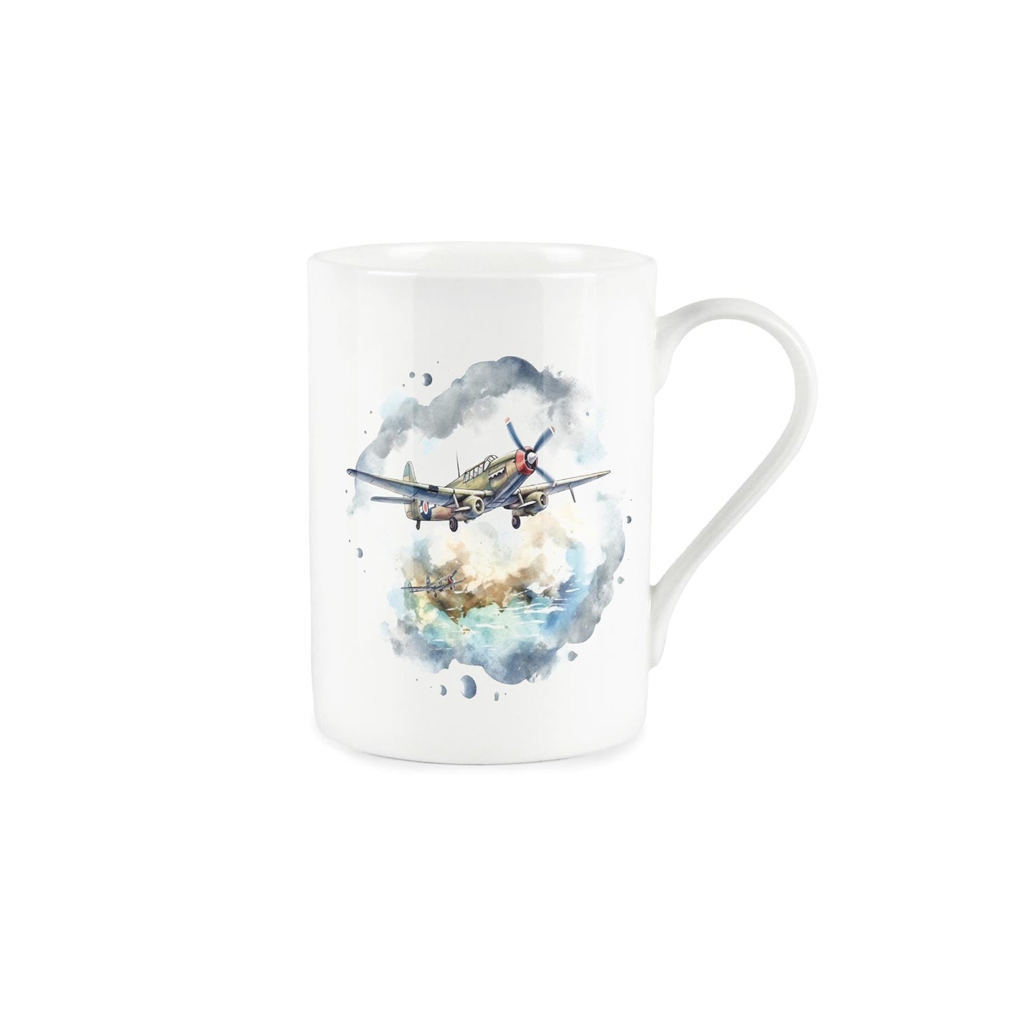 White bone china mug featuring water colour depiction of retro planes ascending into the sky