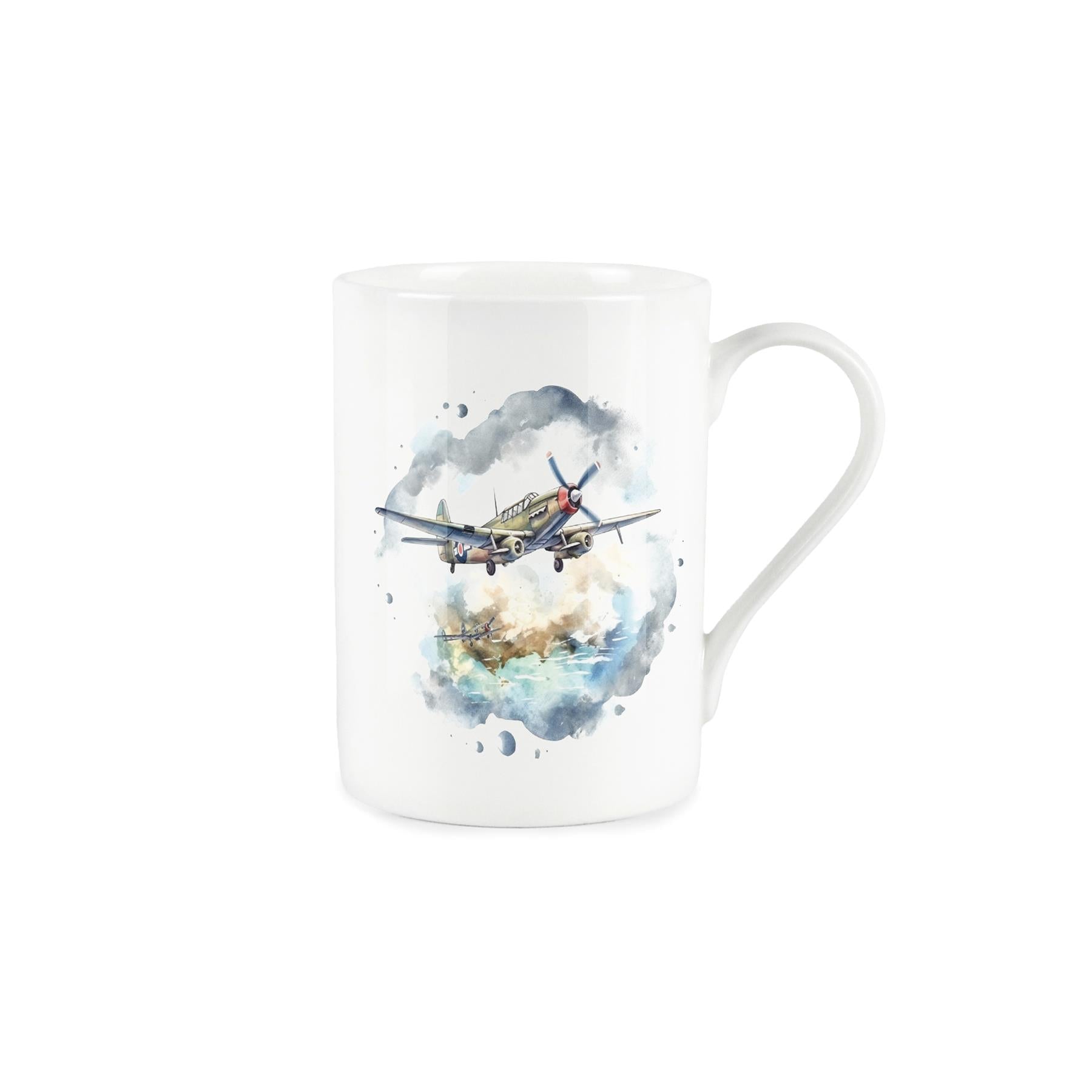 White bone china mug featuring water colour depiction of retro planes ascending into the sky