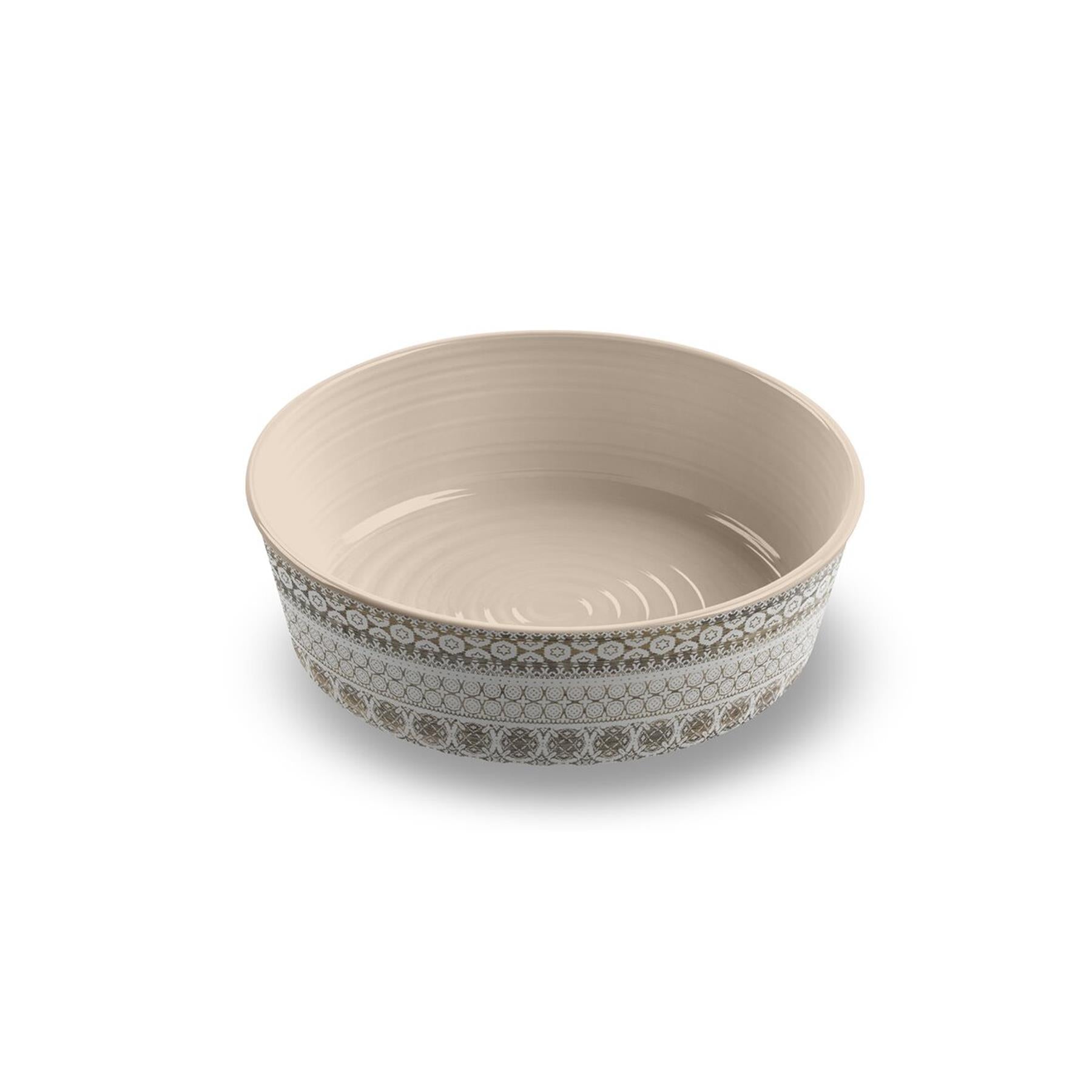 Lightweight melamine Moroccan Wood Single Wall pet bowl with white Moroccan print on wooden-effect background.