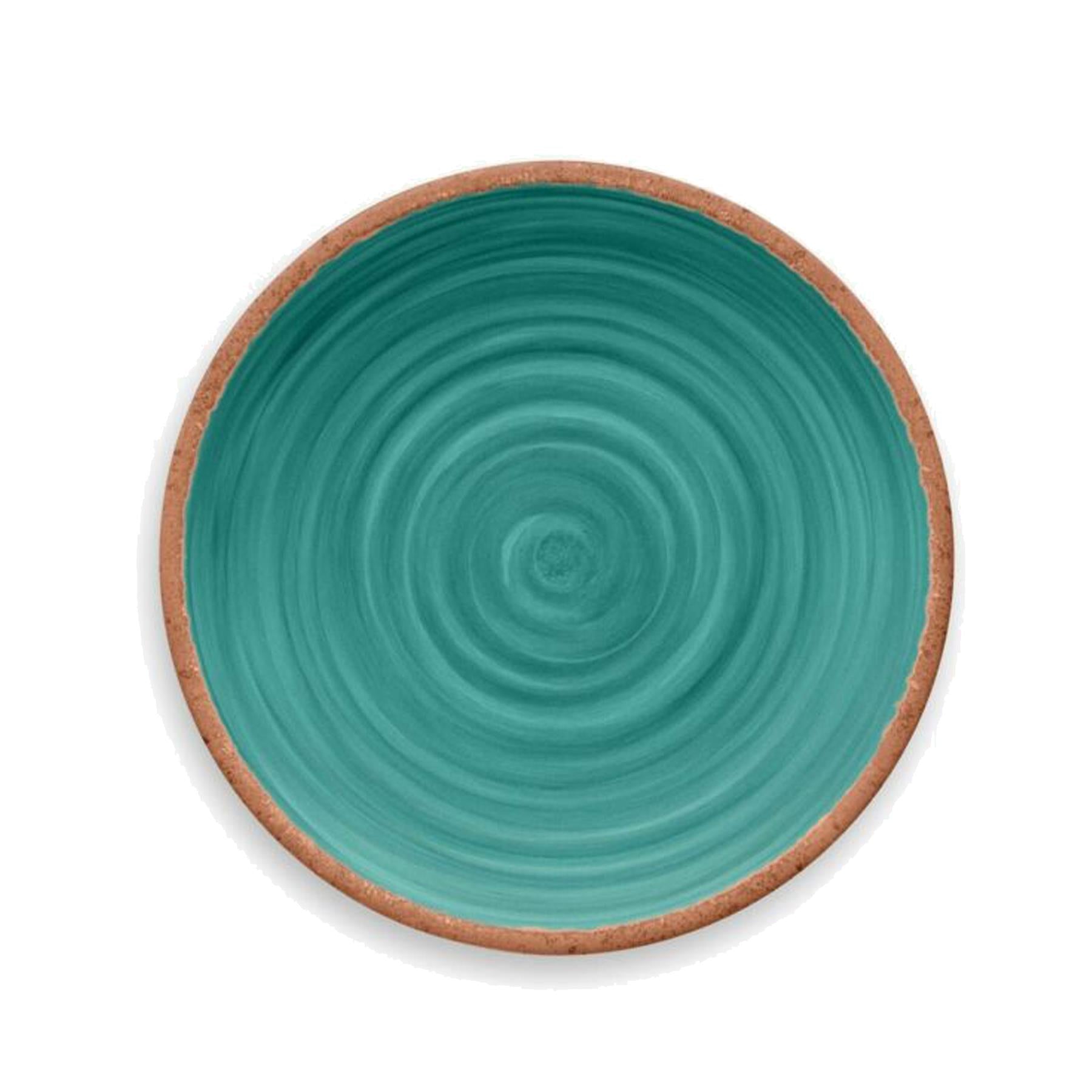 Melamine side plate featuring vibrant turquoise swirl design and terracotta rim