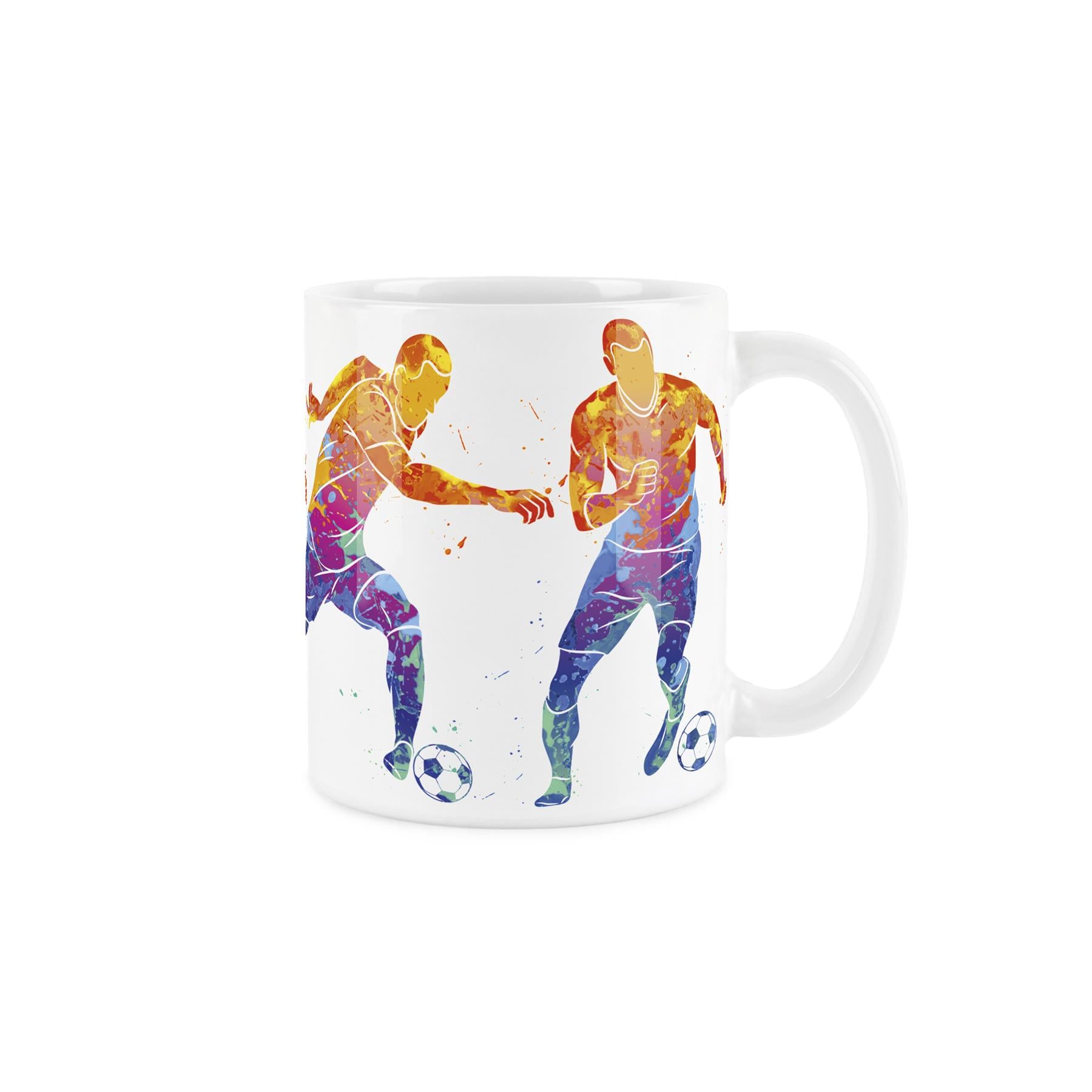 White ceramic mug featuring vibrant, paint-splattered depiction of people playing cricket