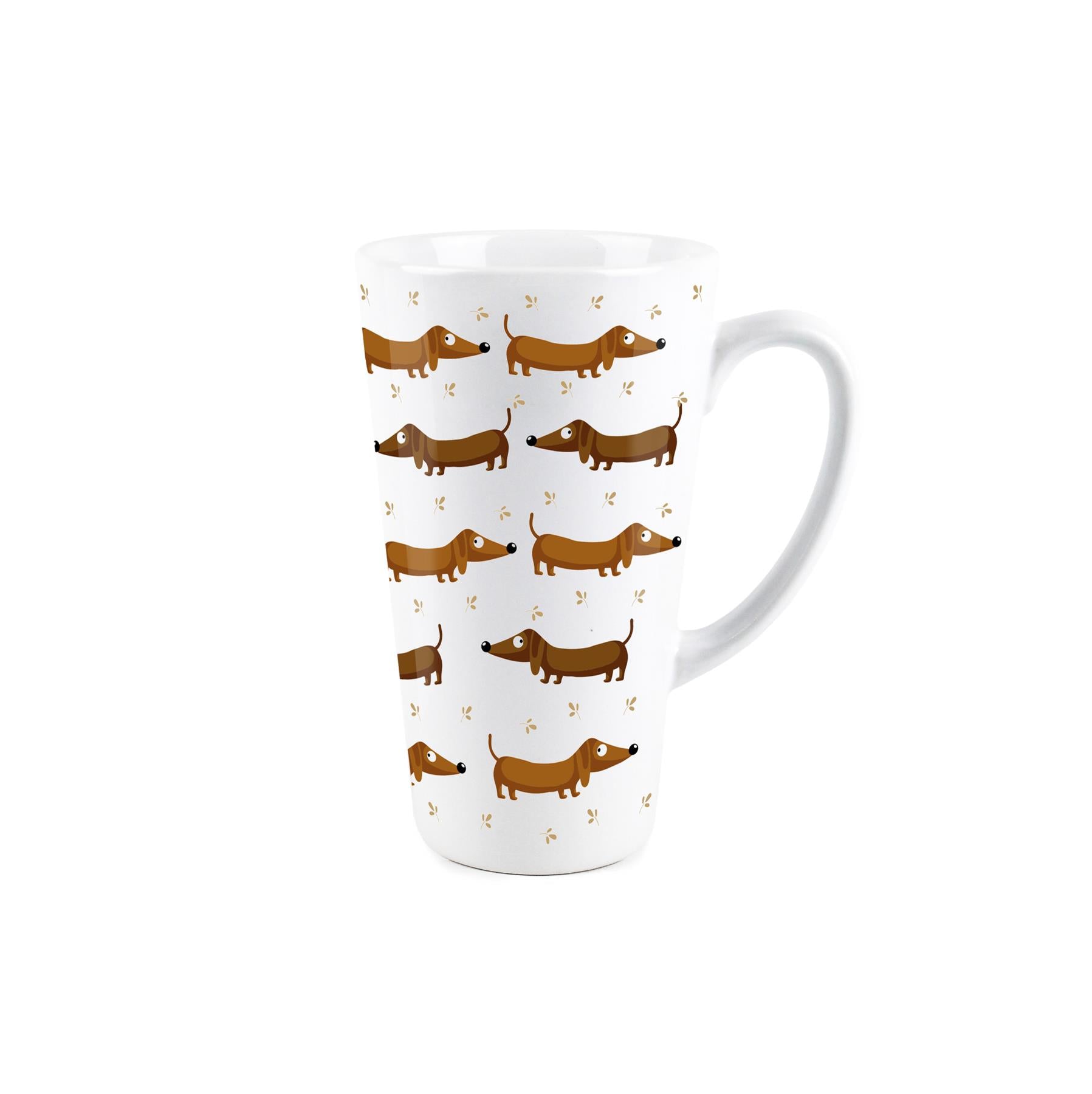 Large white latte mug featuring daschund design