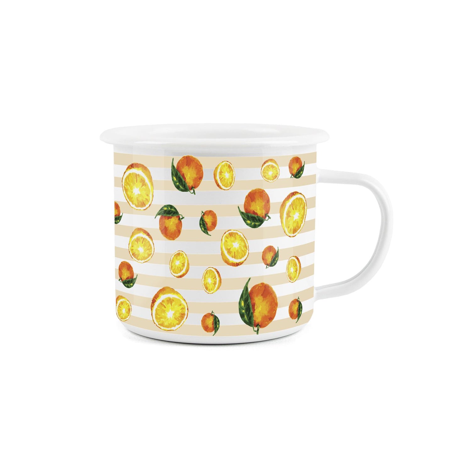 Enamel mug featuring an orange print, ideal for outdoor activities, festivals, and picnics.