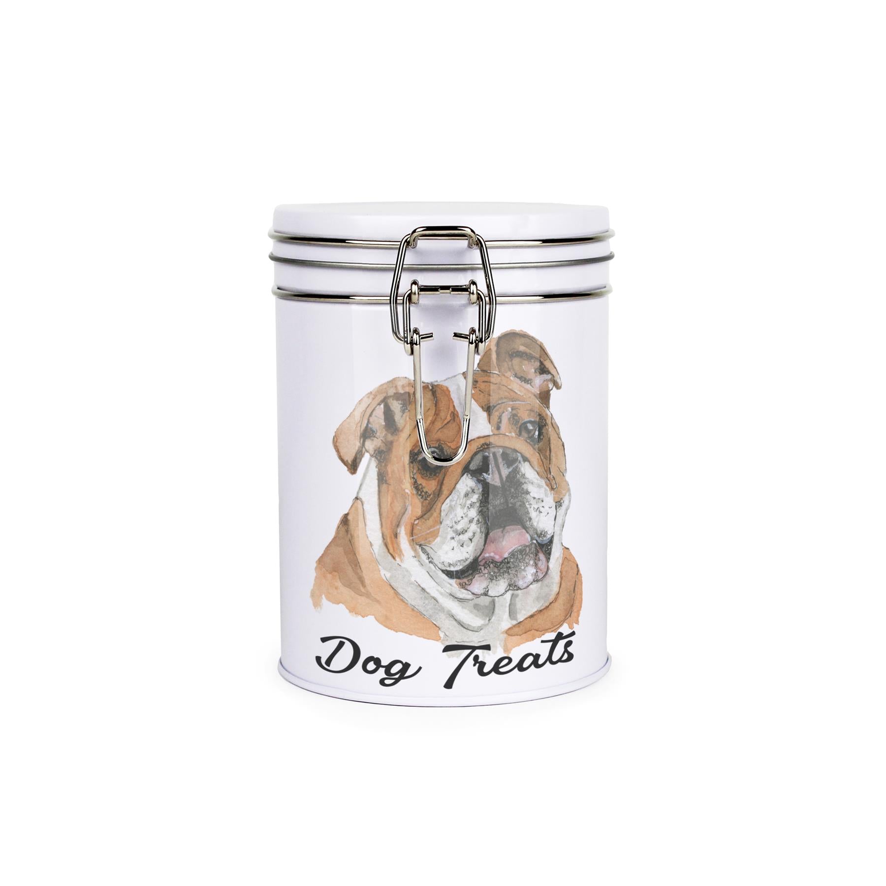 White tinplate canister with metal clip and lid featuring the face of a Bulldog with the caption 'Dog Treats'
