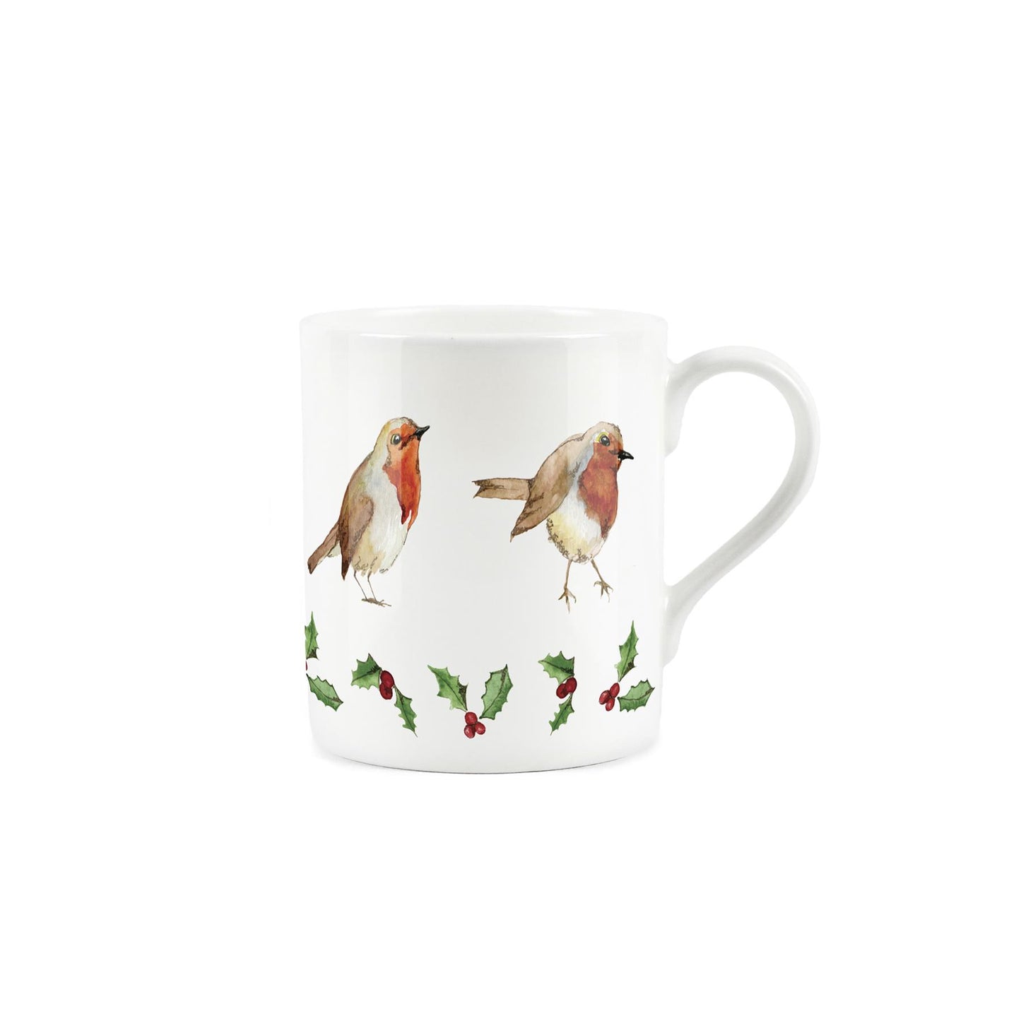 Watercolour robin design on a white bone china coffee mug from Purely Home.