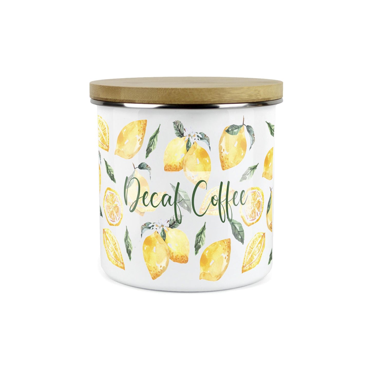 Decaf Coffee Storage Canister - Watercolour Lemons Enamel Kitchen Storage Jar