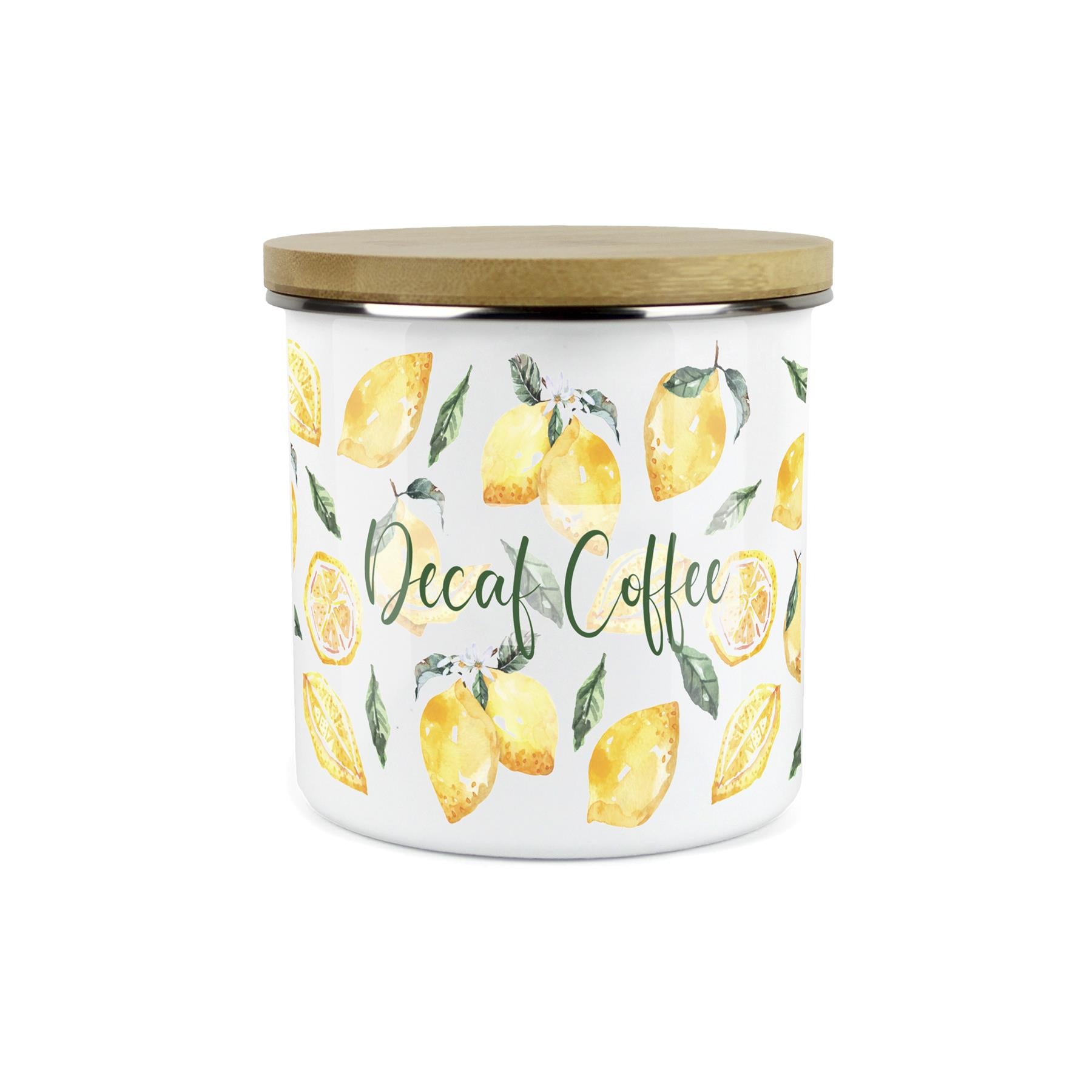 Decaf Coffee Storage Canister - Watercolour Lemons Enamel Kitchen Storage Jar