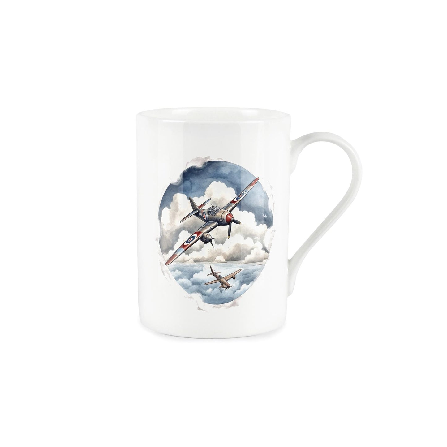 White bone china mug featuring water colour depiction of dogfight above the clouds