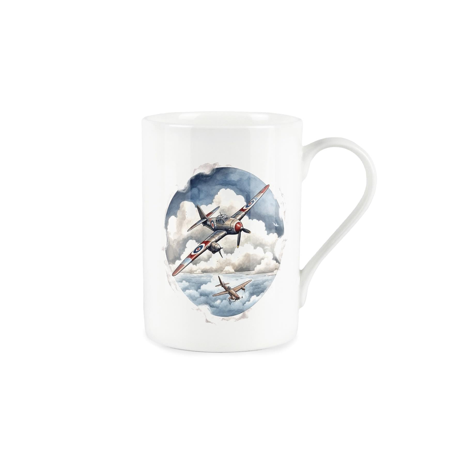 White bone china mug featuring water colour depiction of dogfight above the clouds