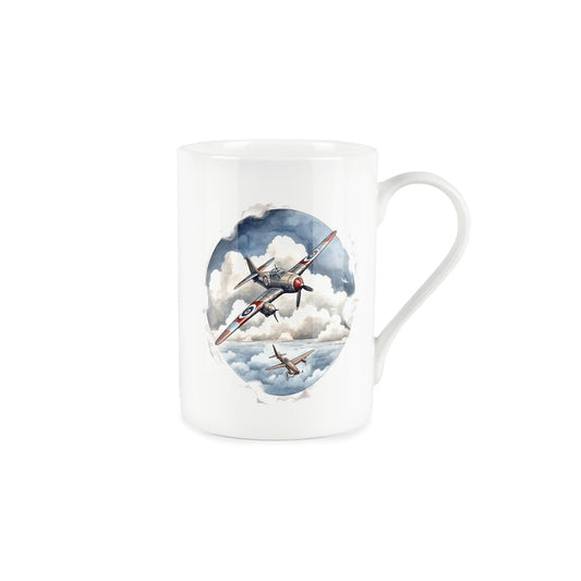 White bone china mug featuring water colour depiction of dogfight above the clouds