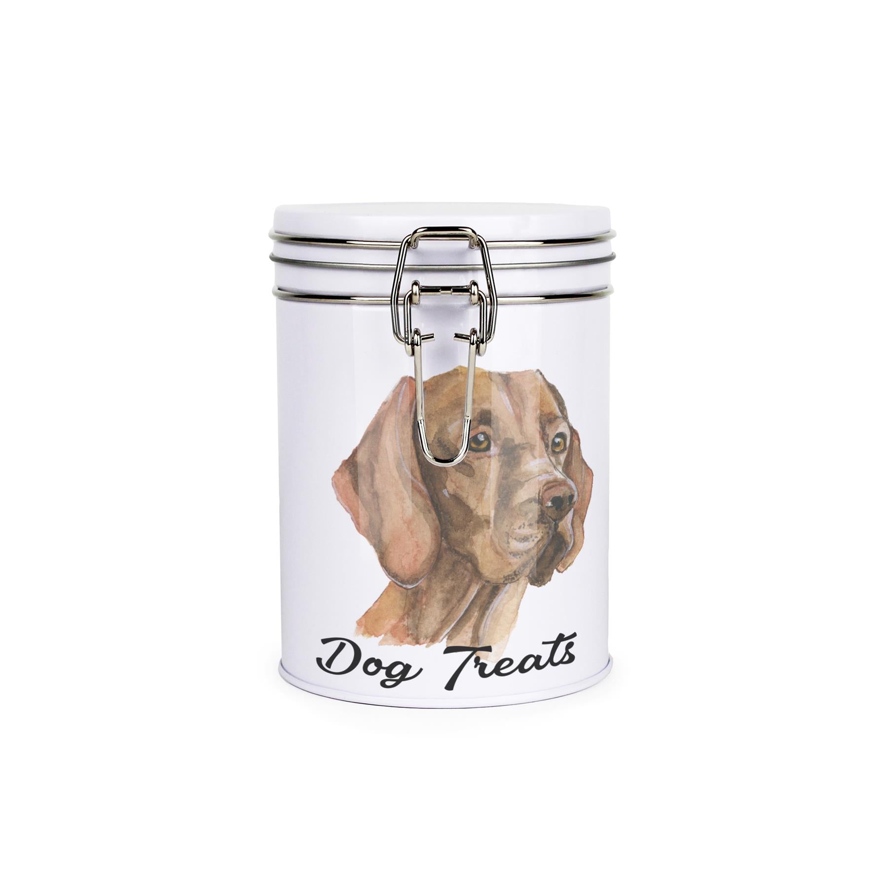 White tinplate canister with metal clip and lid featuring the face of a Vizsla with the caption 'Dog Treats'