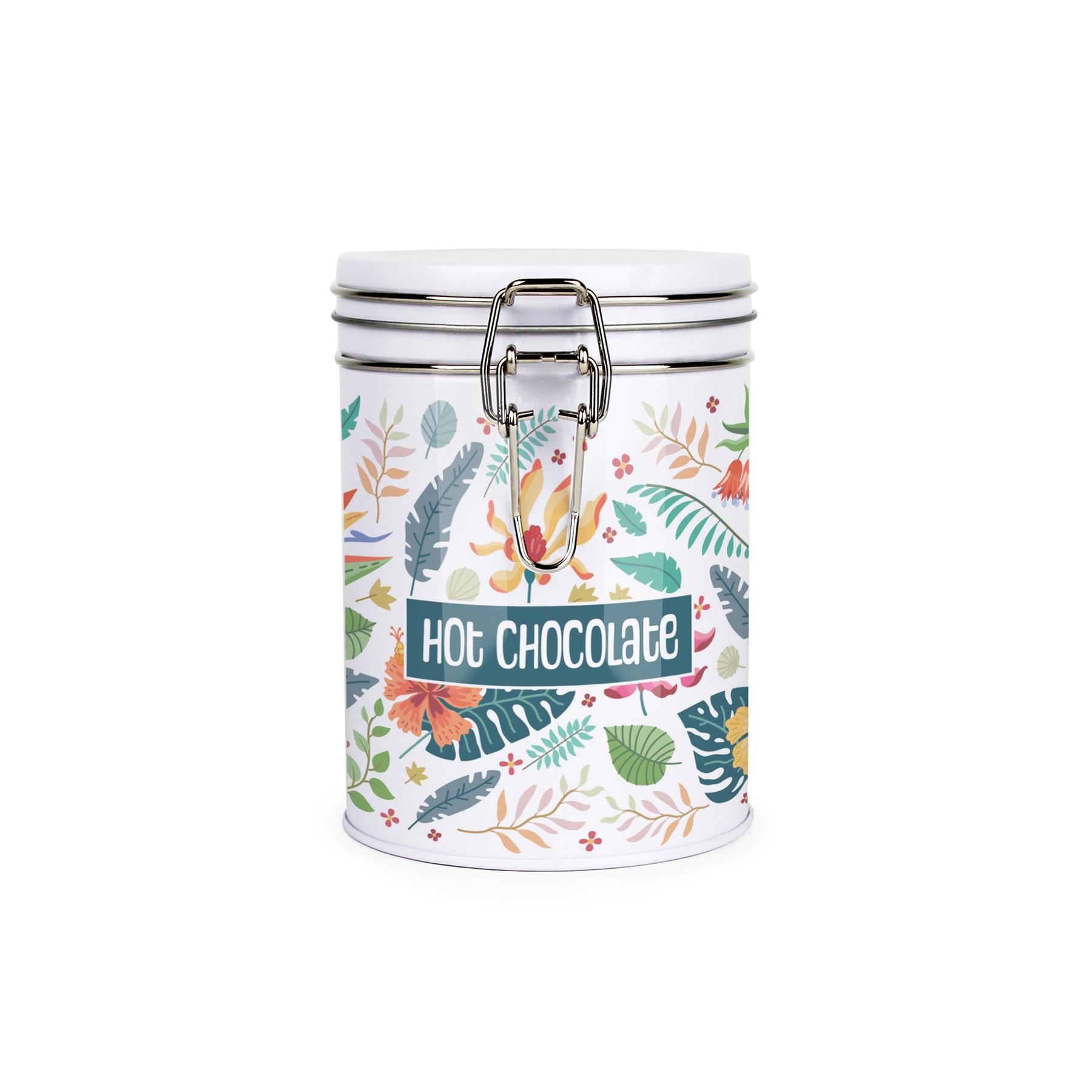 White metal storage canister with metal clip and lid featuring a colourful leaf design on a white background with hot chocolate text on front
