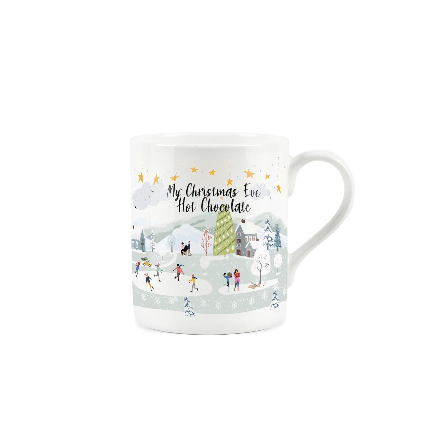White bone china mug depicting winter ice skating scene and captioned 'my christmas eve hot chocolate"