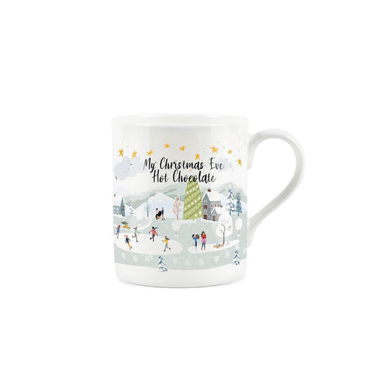 White bone china mug depicting winter ice skating scene and captioned 'my christmas eve hot chocolate"