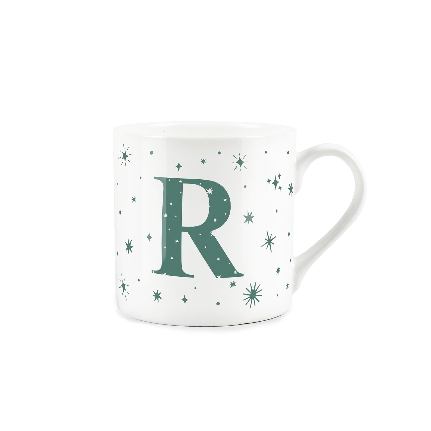 White bone china mug with green stars and letter 'R' alphabet design