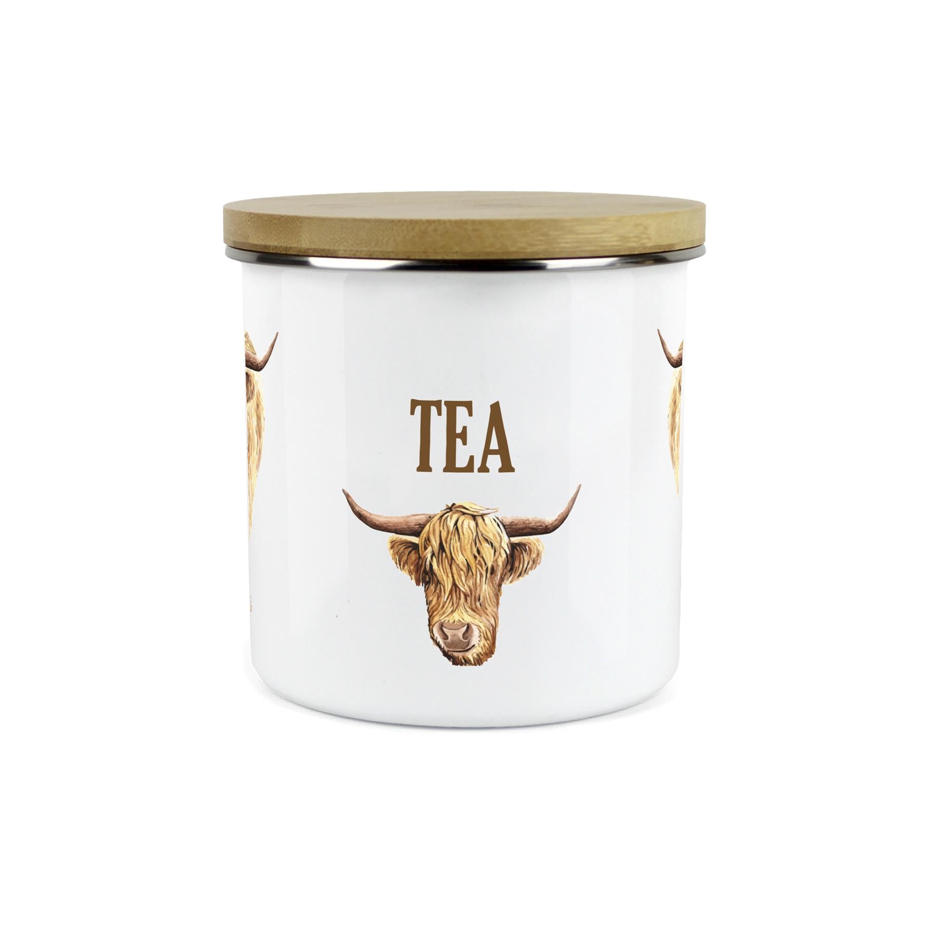 Tea Highland Cow Storage Canister - Enamel & Bamboo Kitchen Storage Jar