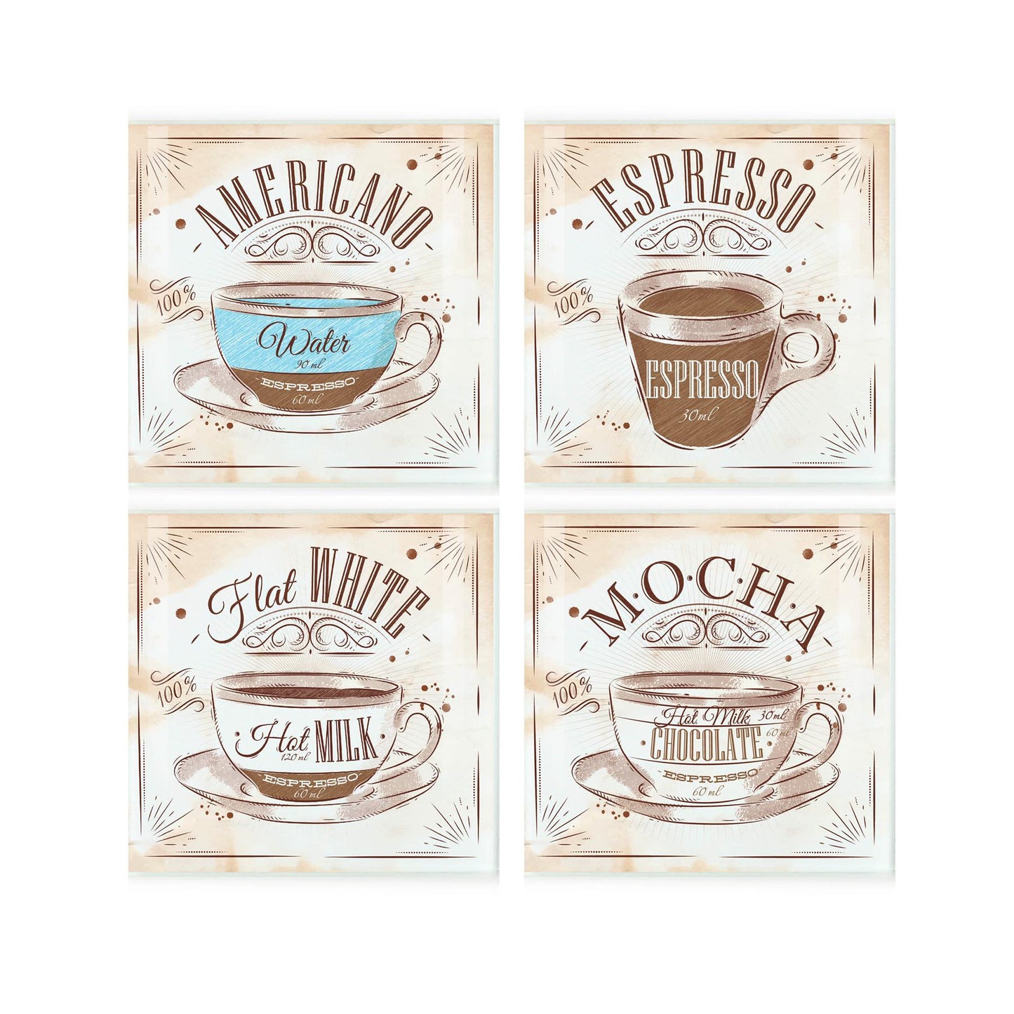 Four tempered glass coasters featuring 4 unique vintage coffee themed designs