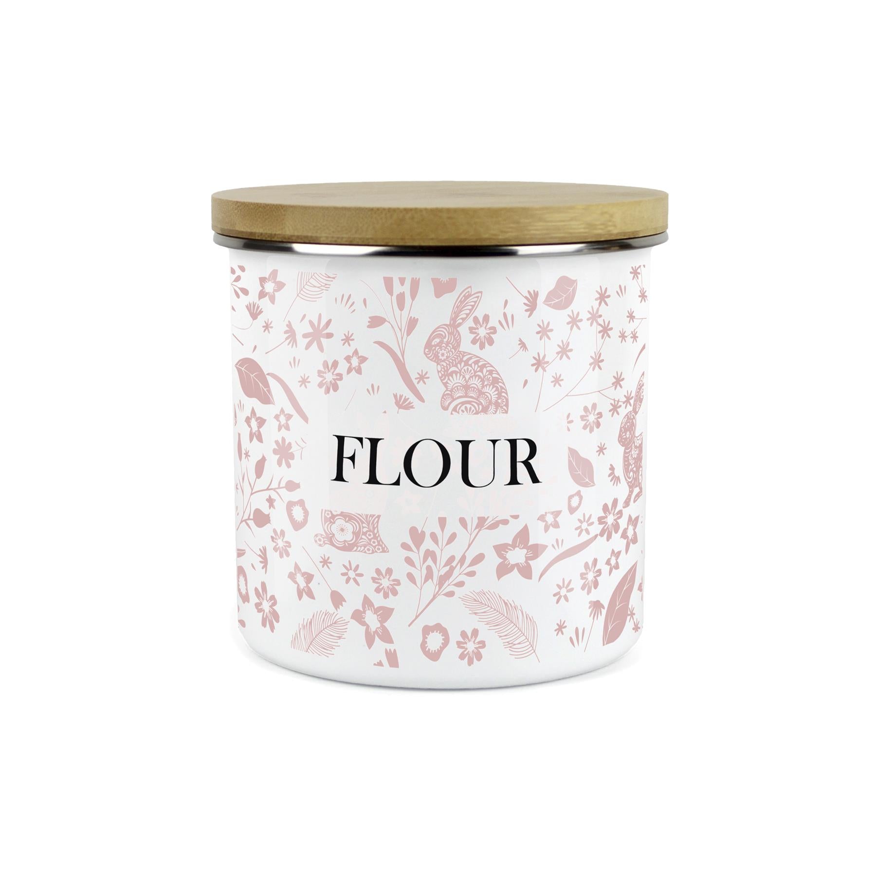 Wild Rabbits Flour Storage Canister - Pink Enamel Food/Baking Container