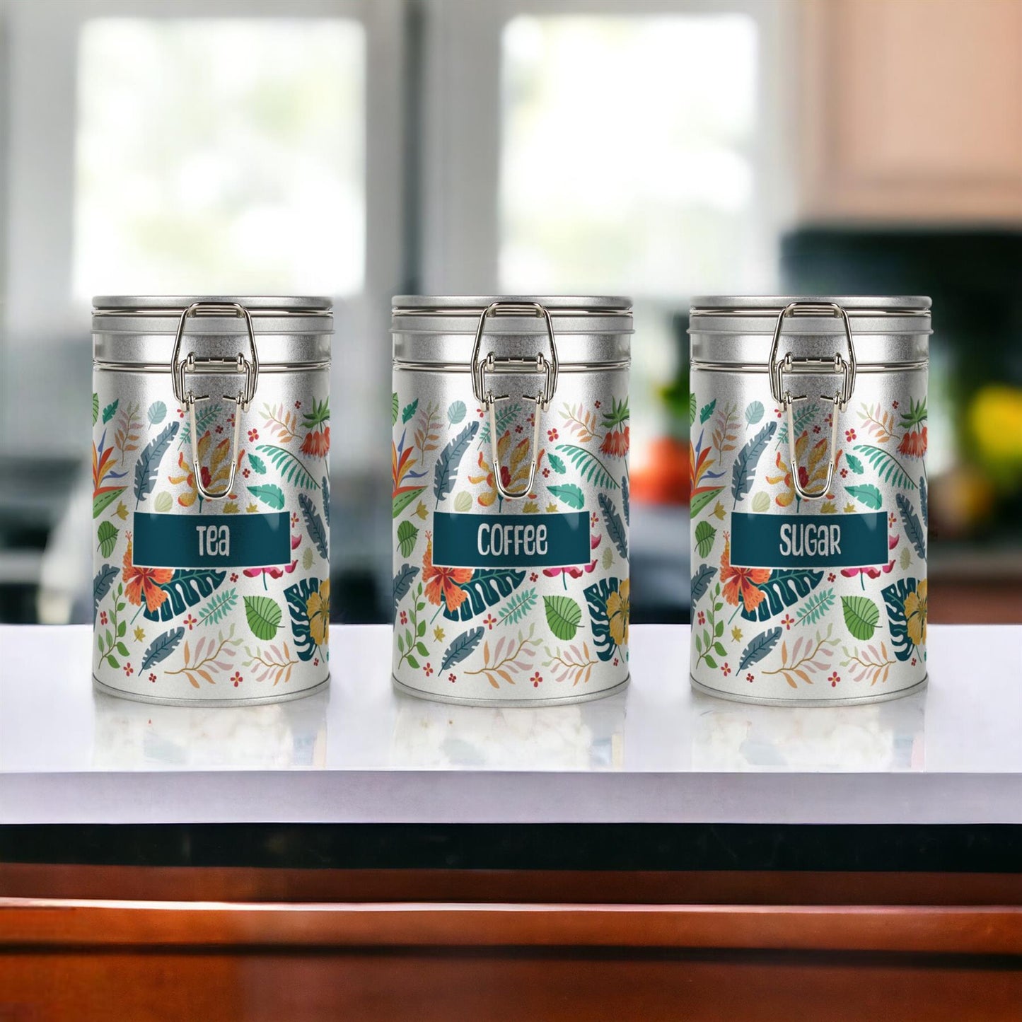 Tropical Flowers Silver Metal Clip Lid Canister