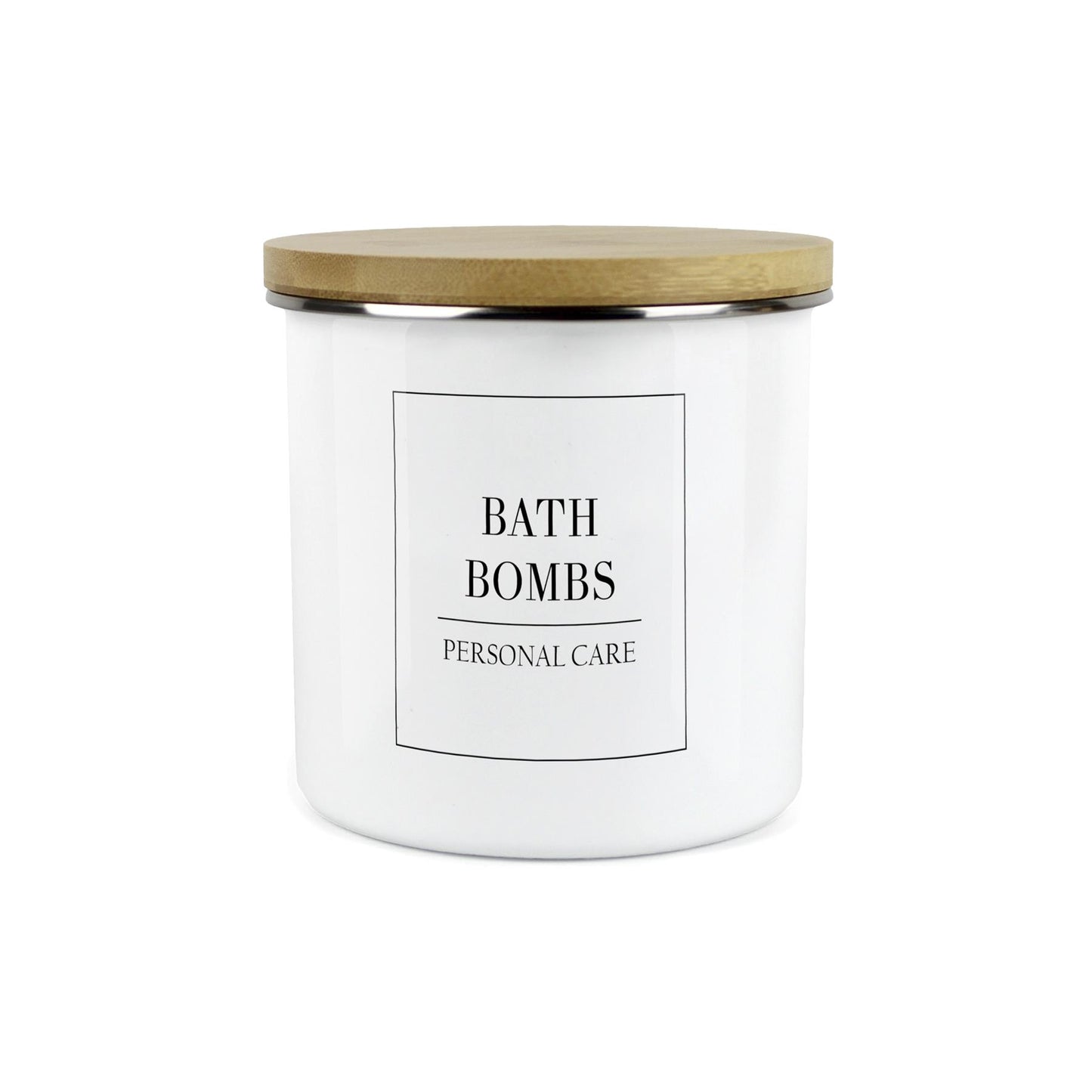 Large Metal Canister with a wooden lid and a simple text design