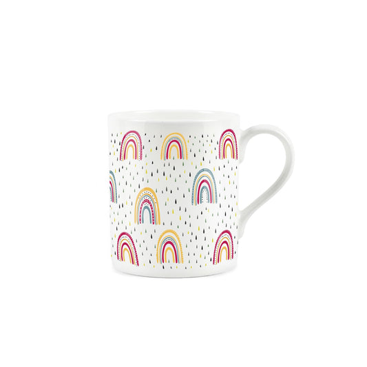 Colourful rainbow pattern presented and a white bone china mug from Purely Home.