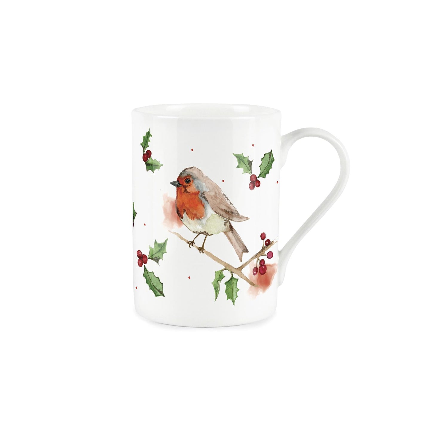 Watercolour robin surrounded by painted holly and small red dots on a white bone china mug