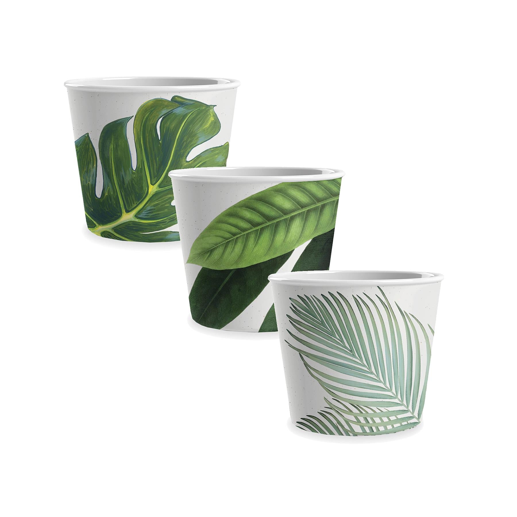 Three small white melamine bowls featuring various green jungle leaf designs