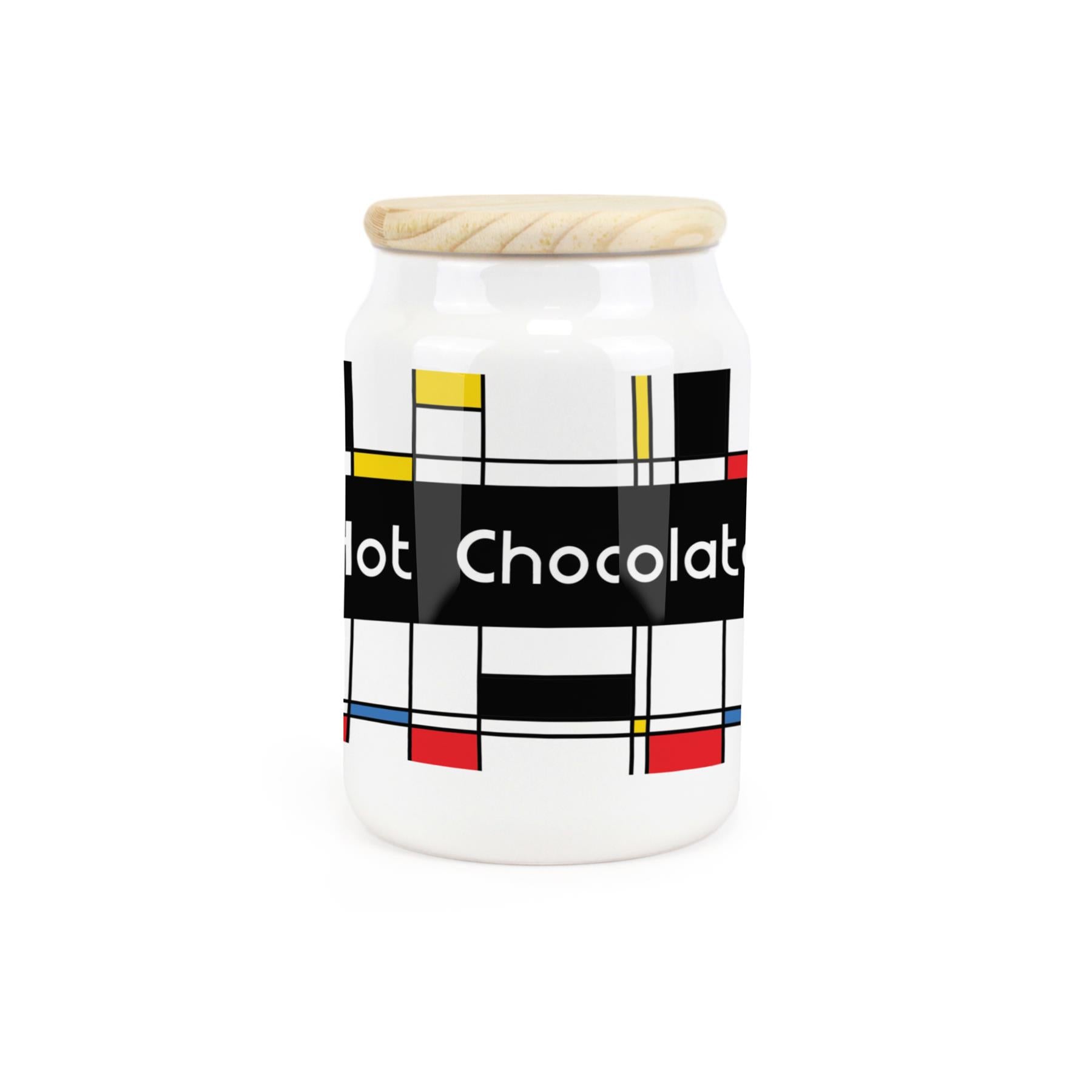 White ceramic canister featuring 1950s inspired retro print design for Hot Chocolate.