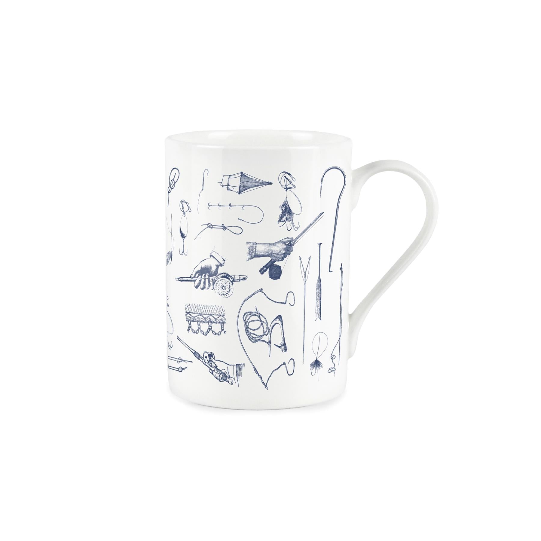 White bone china mug with vintage blue fishing rod design