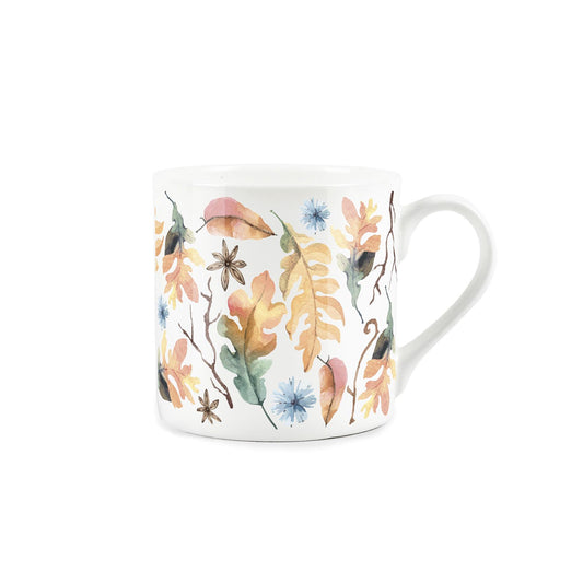 watercolour depiction of autumnal leaves, seed, and flowers on a white bone china mug