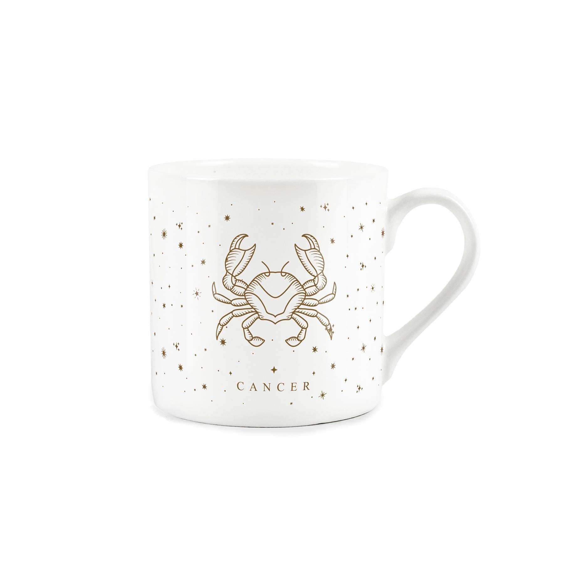 White bone china mug featuring golden stars a captivating cancer zodiac design