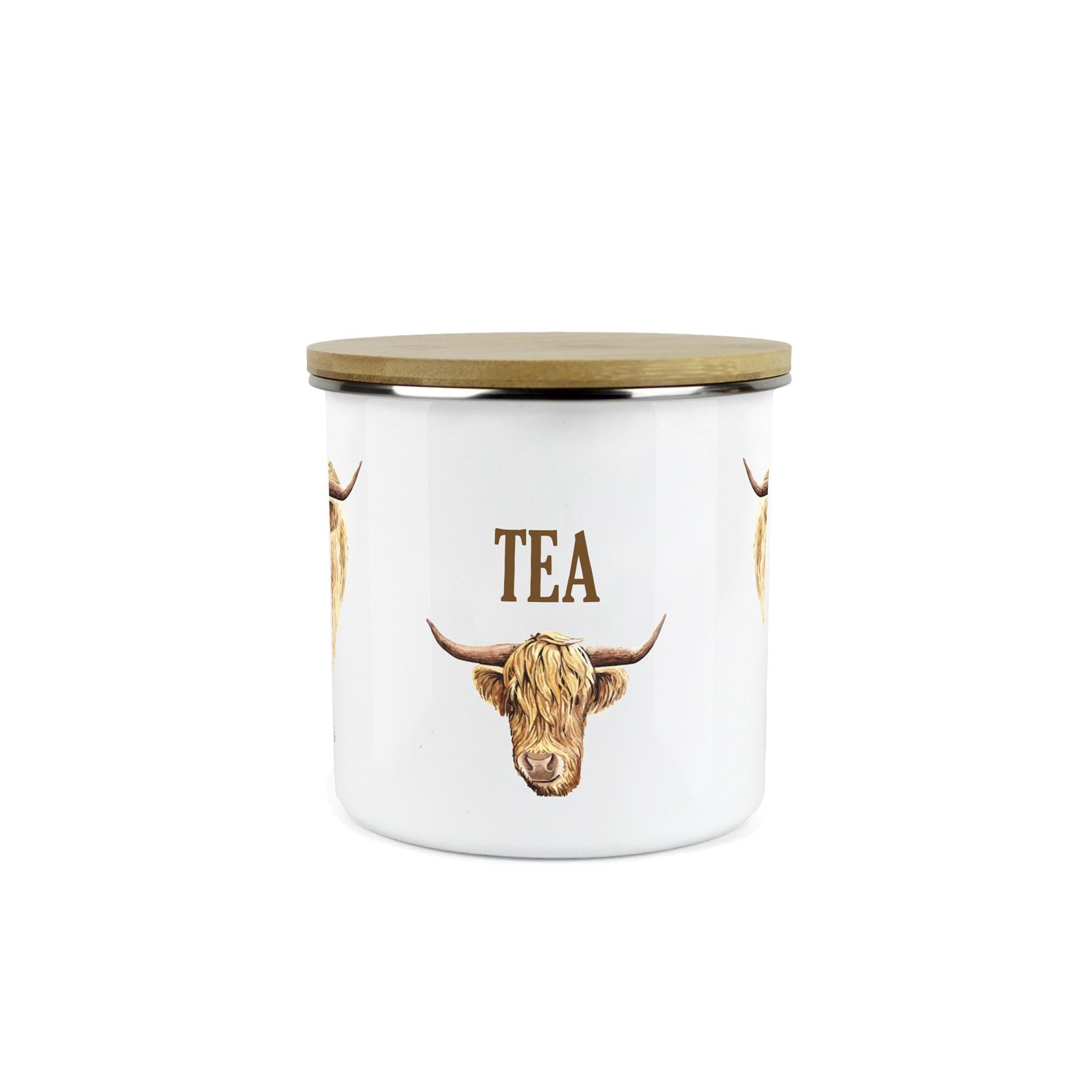 Tea Highland Cow Storage Canister - Enamel & Bamboo Kitchen Storage Jar