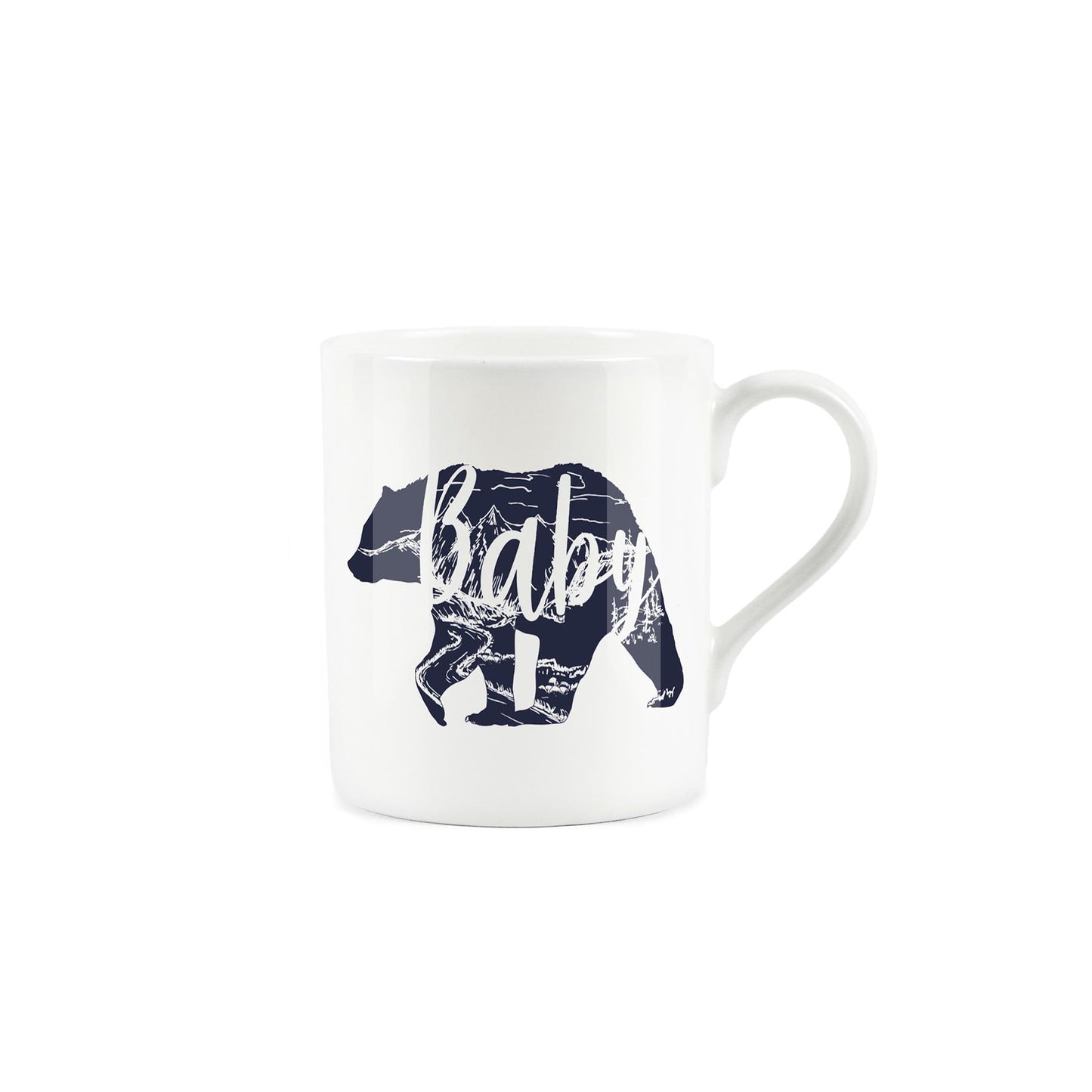White bone china mug with silhouetted grizzly bear & the word "baby"