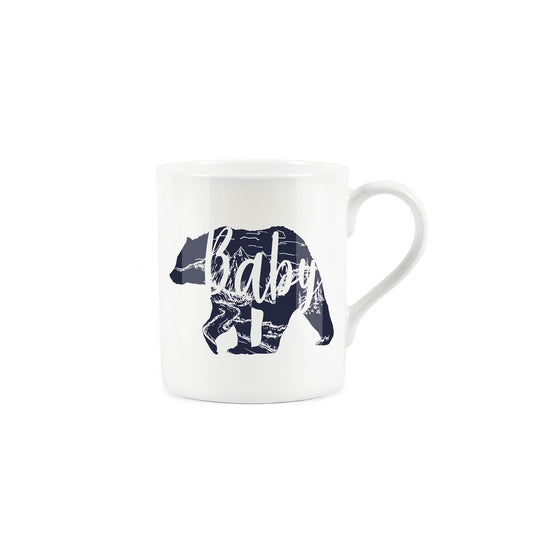 White bone china mug with silhouetted grizzly bear & the word "baby"