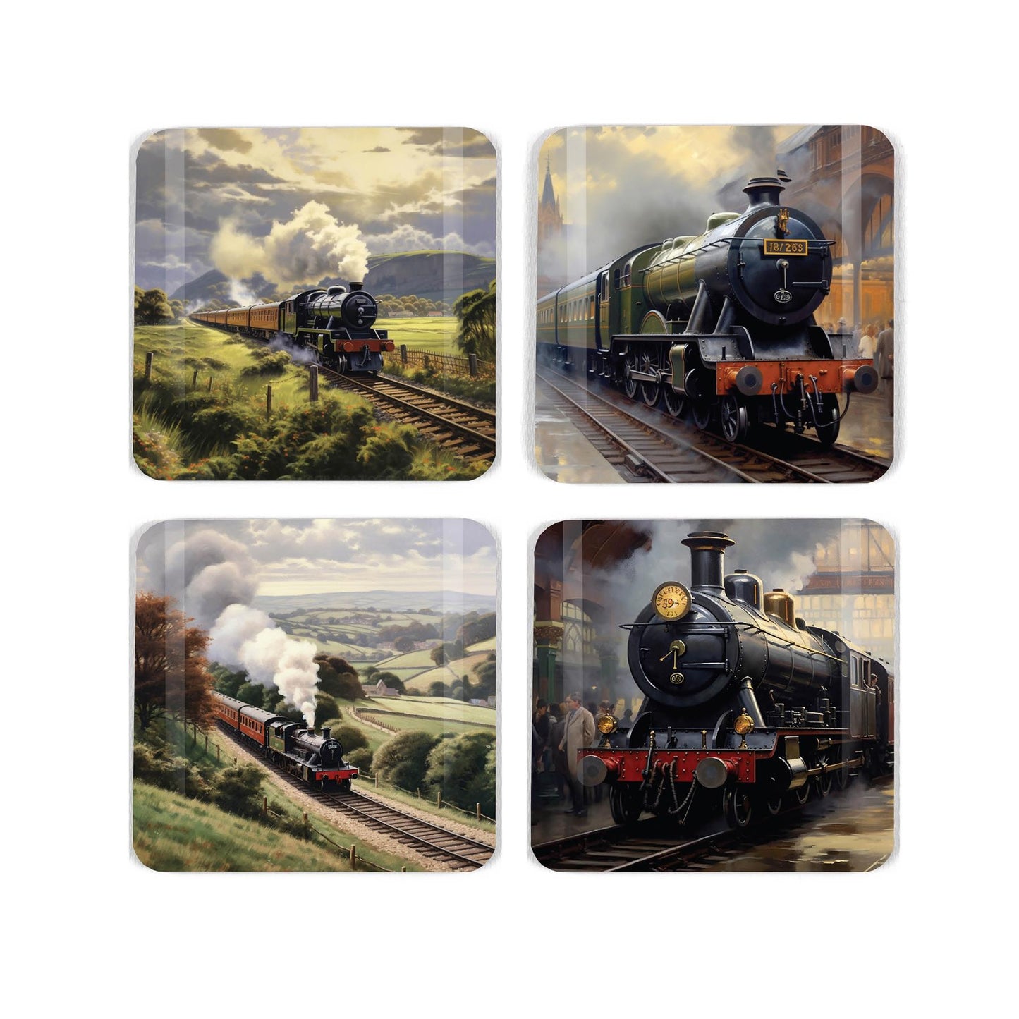 Four cork coasters featuring various painted designs of classic steam engines moving through the british countryside