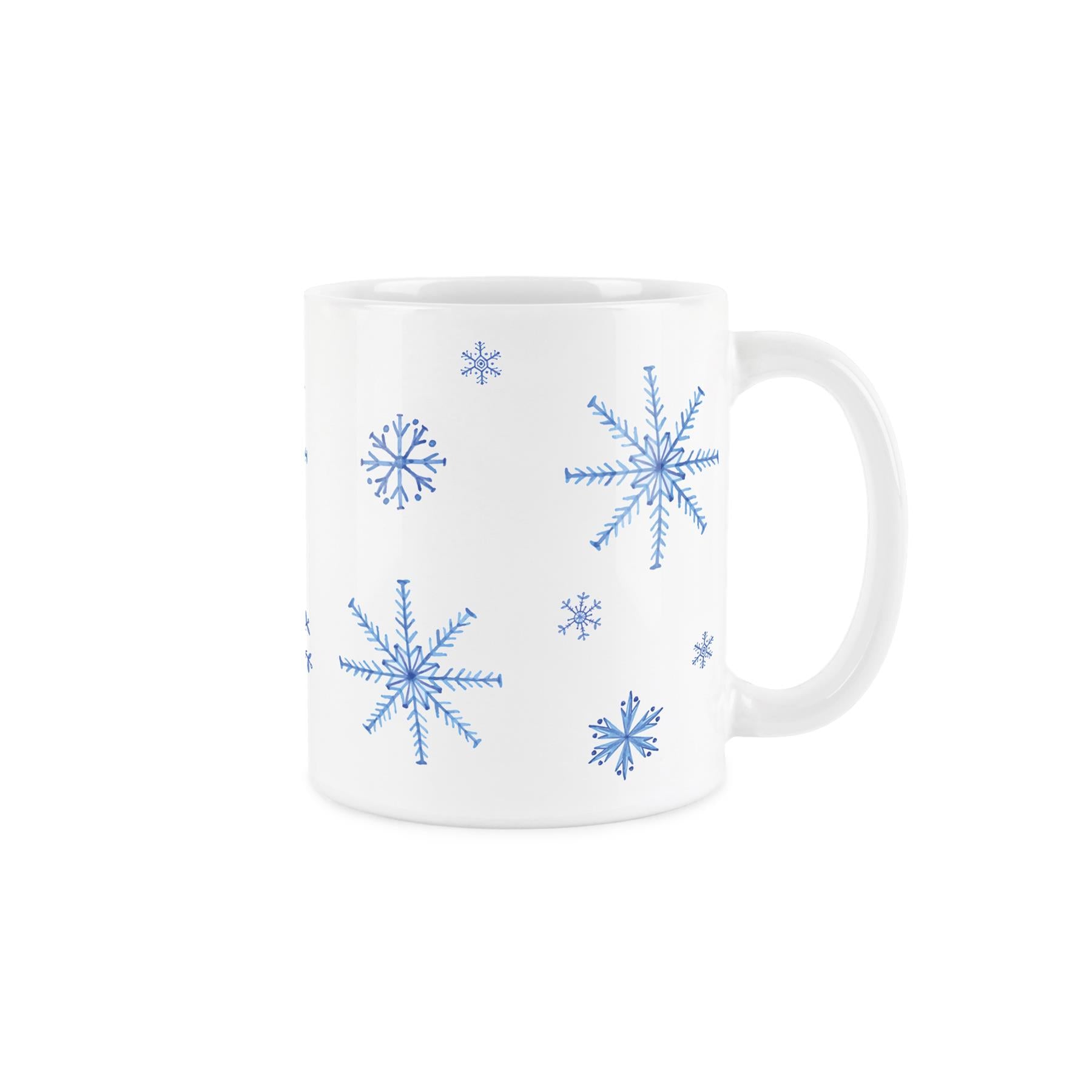 Snowflake mug: hand-painted style, icy design, dark blue interior. Perfect for cosy drinks.