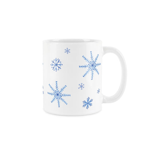 Snowflake mug: hand-painted style, icy design, dark blue interior. Perfect for cosy drinks.