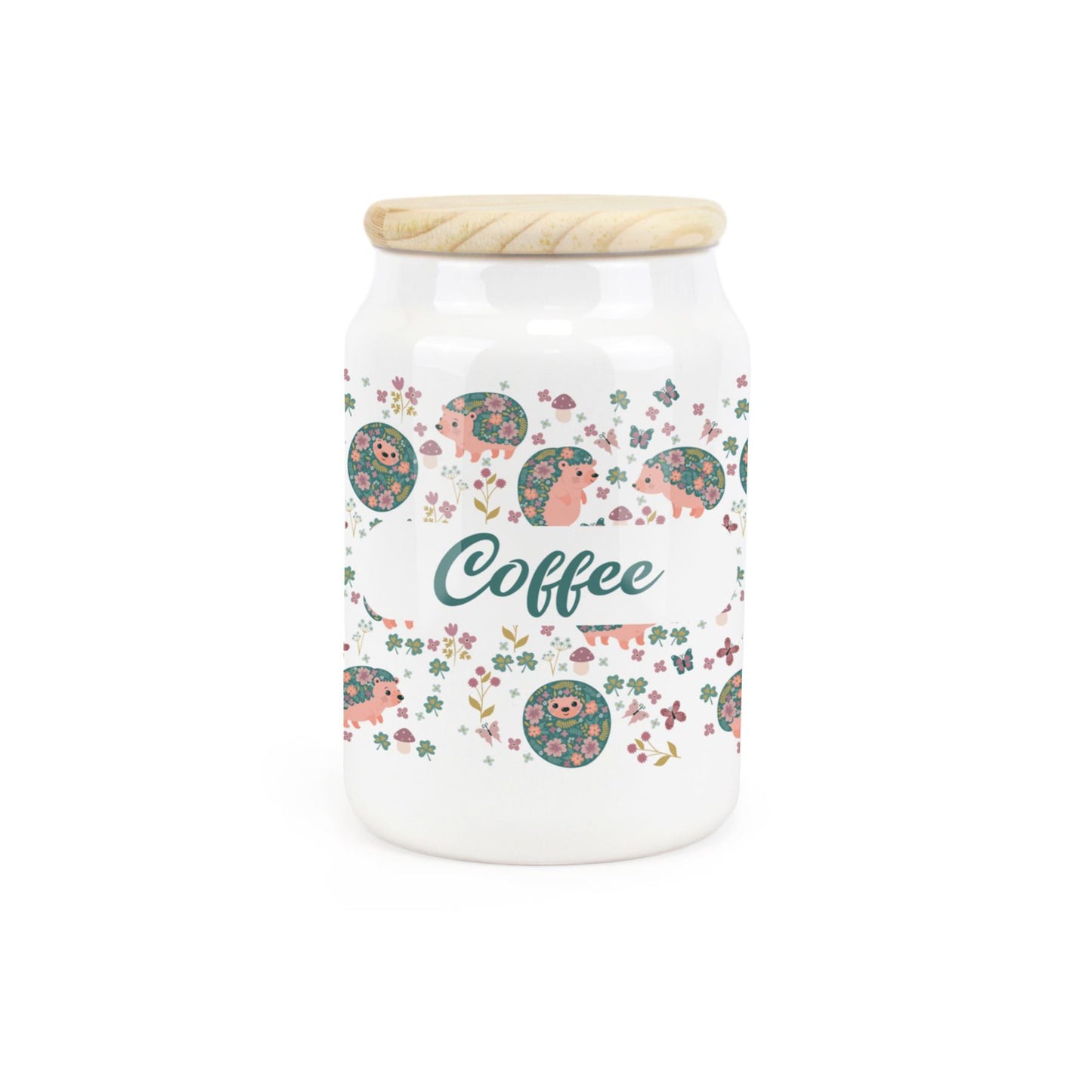 White ceramic canister featuring a hare and dandelion design.